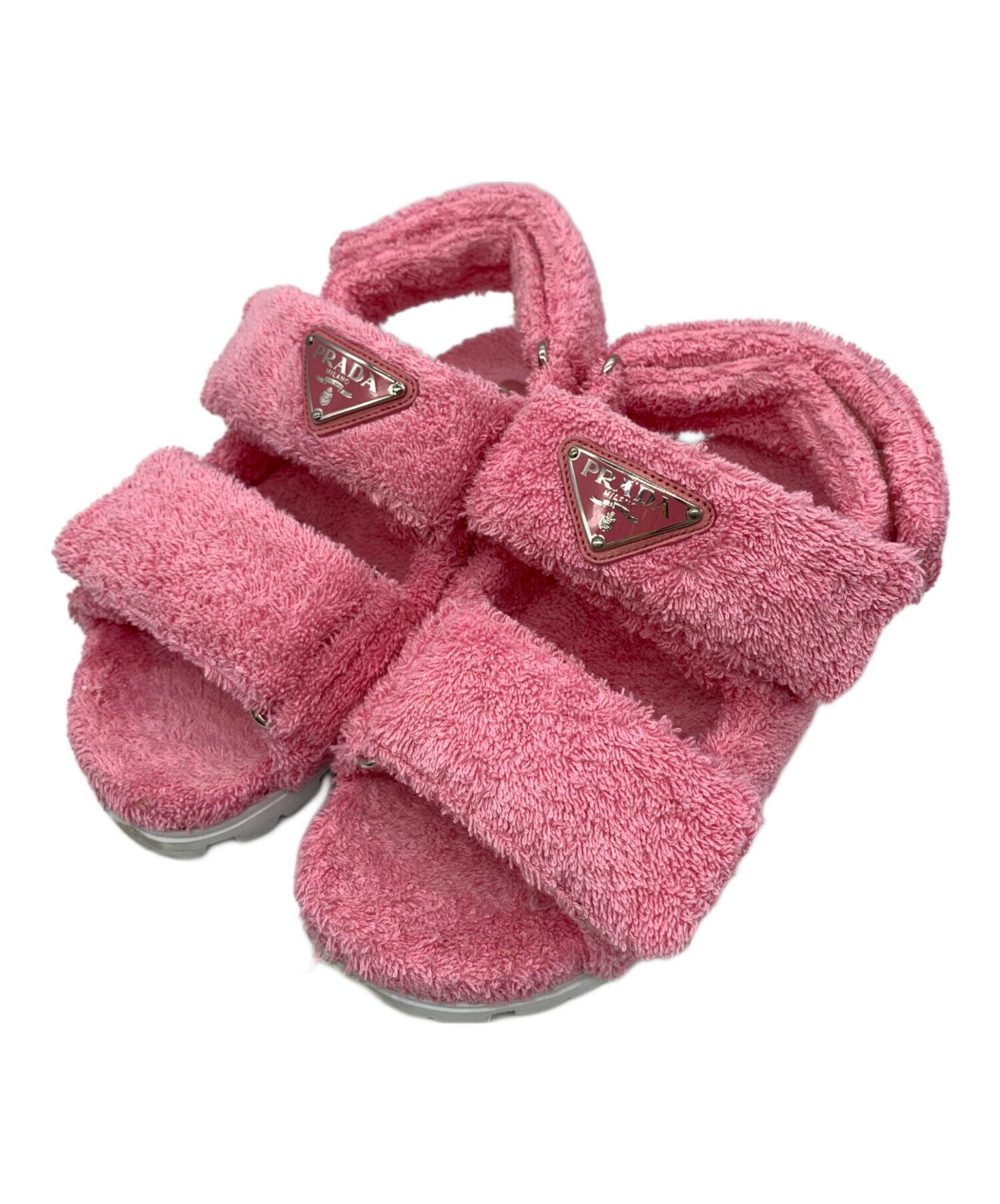 半額　PRADA プラダ　確実正規品　ピンク　もこもこ　サンダル　三角ロゴ　37 中古・古着通販】PRADA (プラダ) テリークロストライアングルプレート