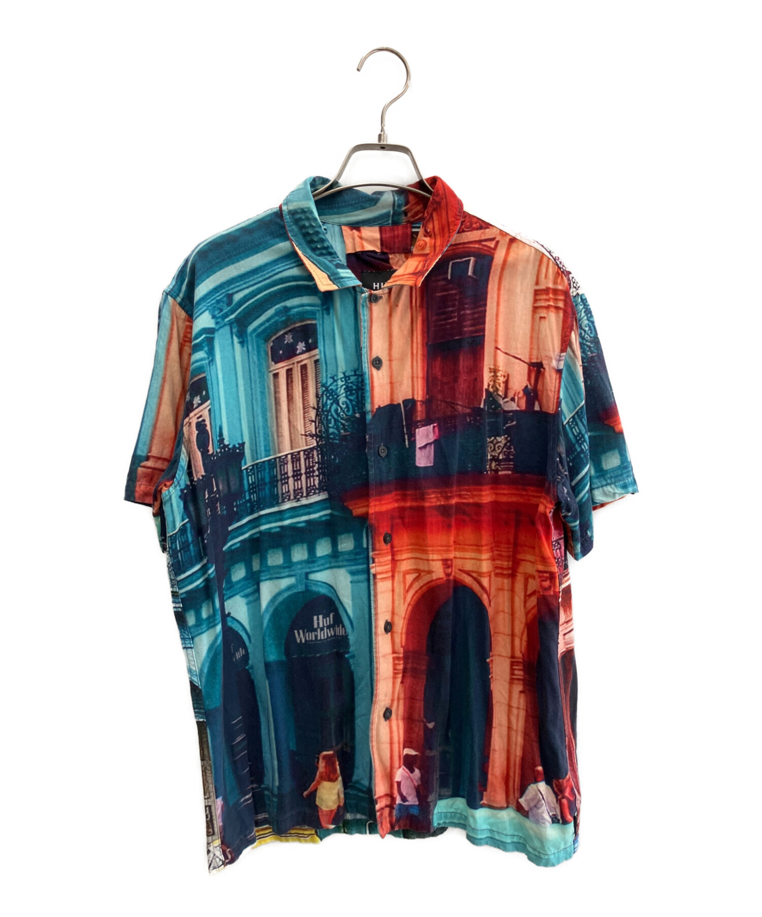 中古・古着通販】HUF (ハフ) オープンカラーシャツ オレンジ×ブルー