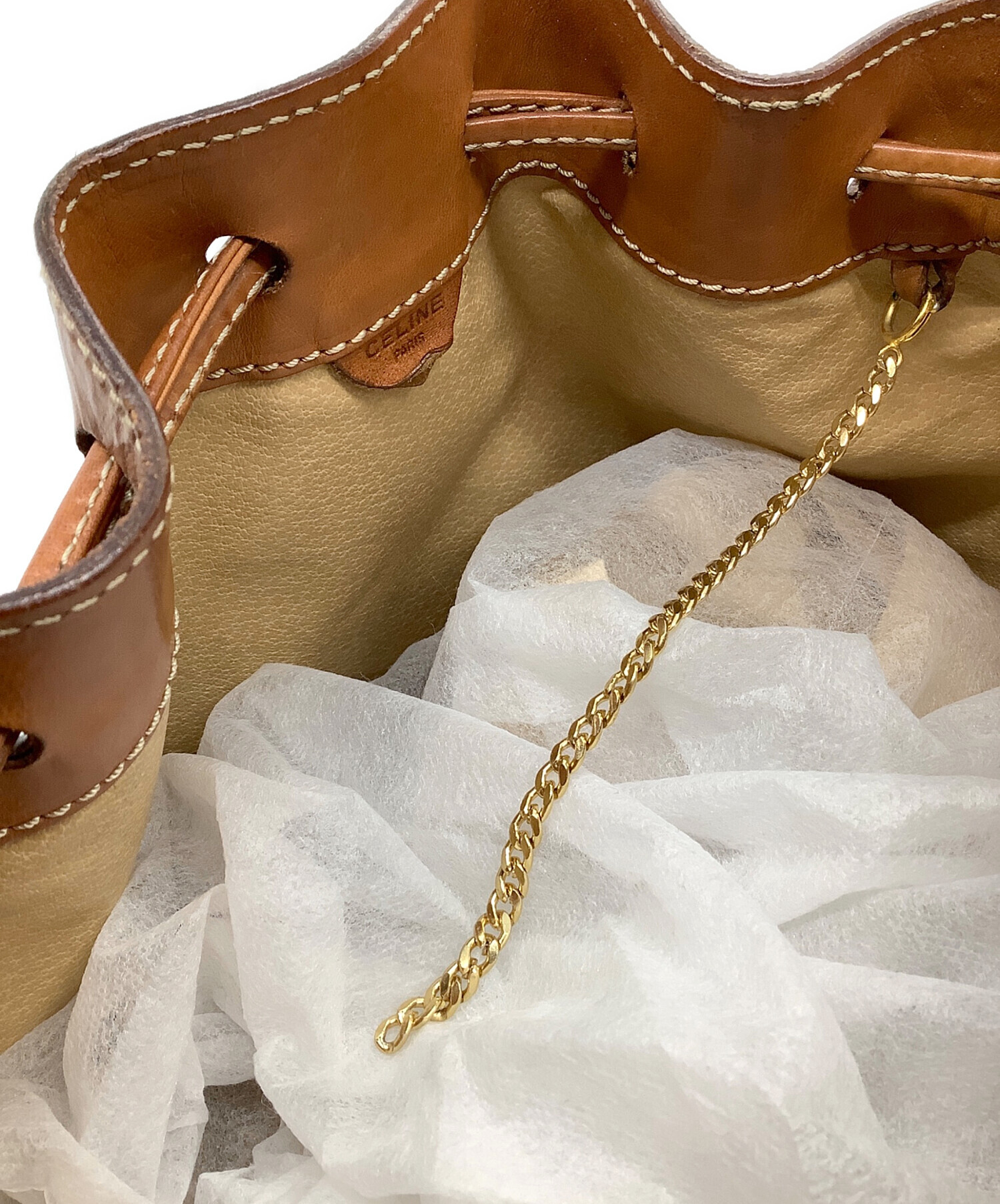 CELINE セリーヌ 巾着 ショルダーバッグ ポーチ付き 中古・古着通販】CELINE (セリーヌ) 巾着ショルダーバッグ ブラウン