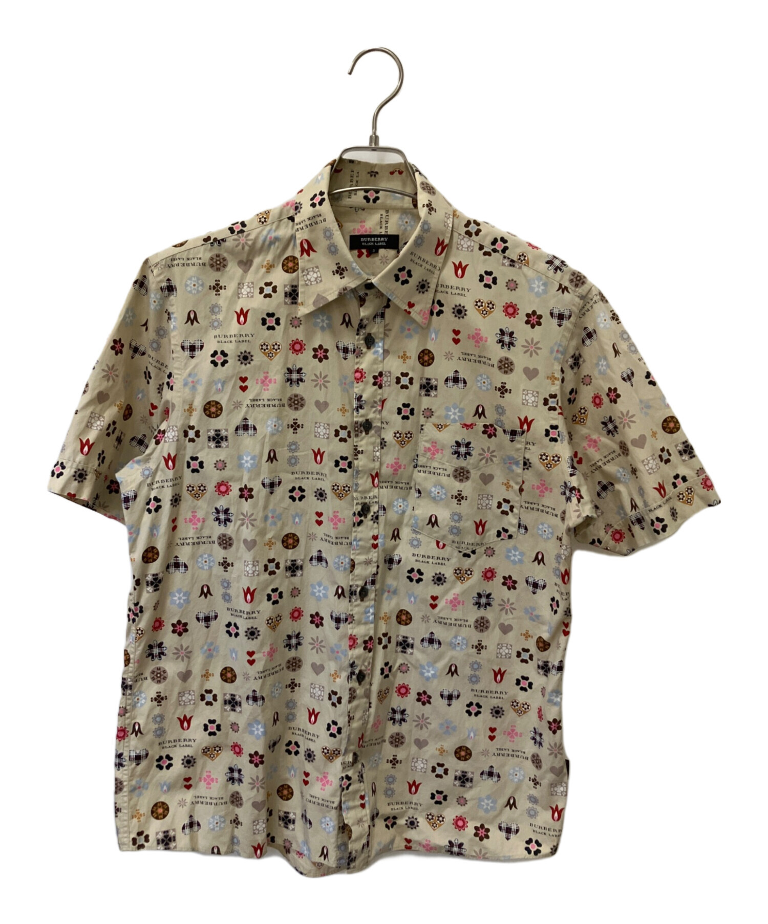 J7015美品 バーバリーブラックレーベル モノグラム柄半袖シャツ ベージュ 2 中古・古着通販】BURBERRY BLACK LABEL (バーバリーブラックレーベル