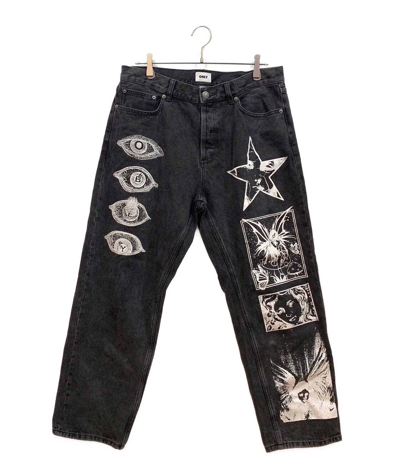 中古・古着通販】OBEY (オベイ) プリントデニムパンツ ブラック サイズ 中古・古着通販】OBEY (オベイ) プリントデニムパンツ ブラック サイズ