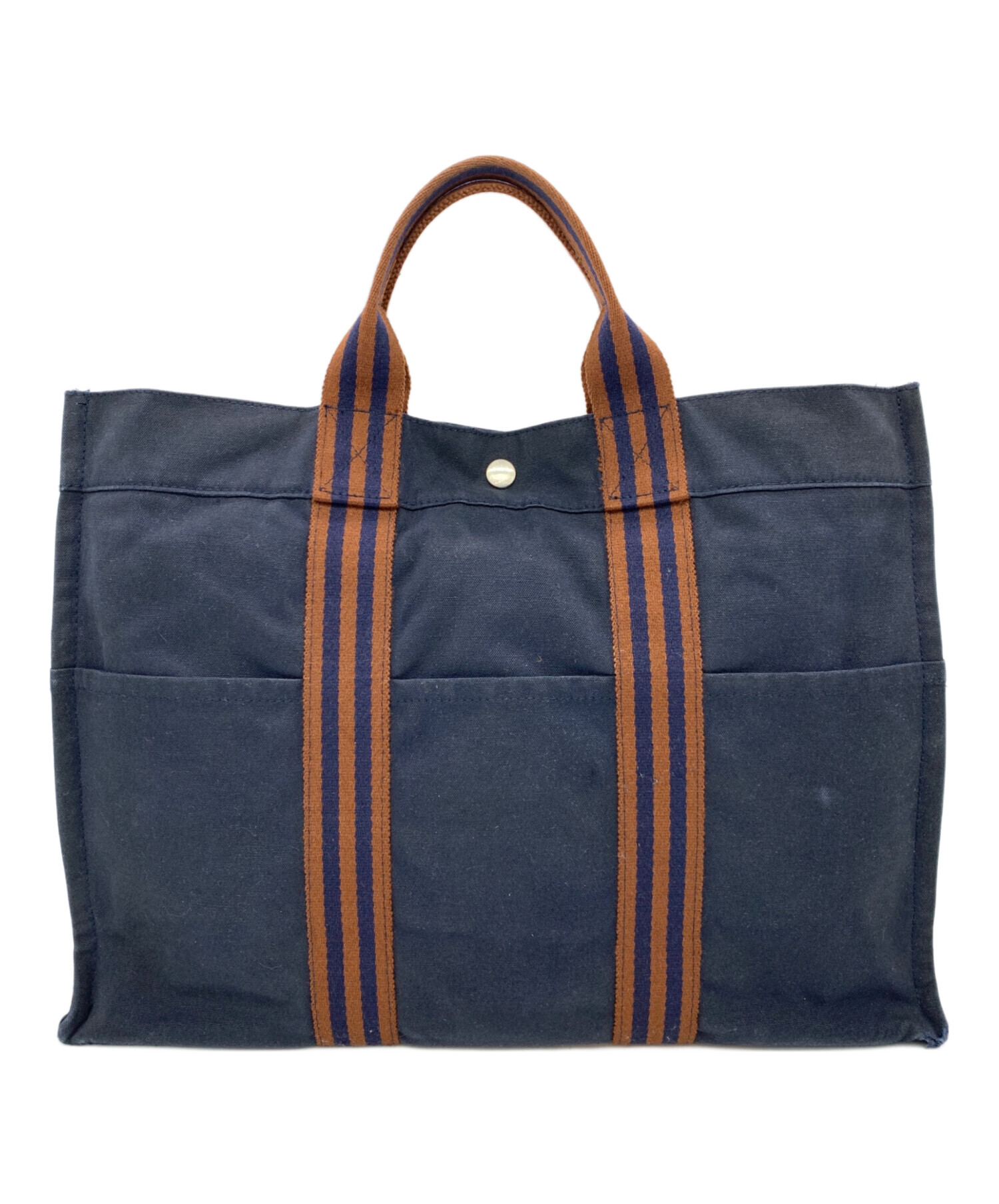 HERMES フールトゥ トートバッグ ネイビー ブラウン 中古・古着通販】HERMES (エルメス) フールトゥ ネイビー×ブラウン