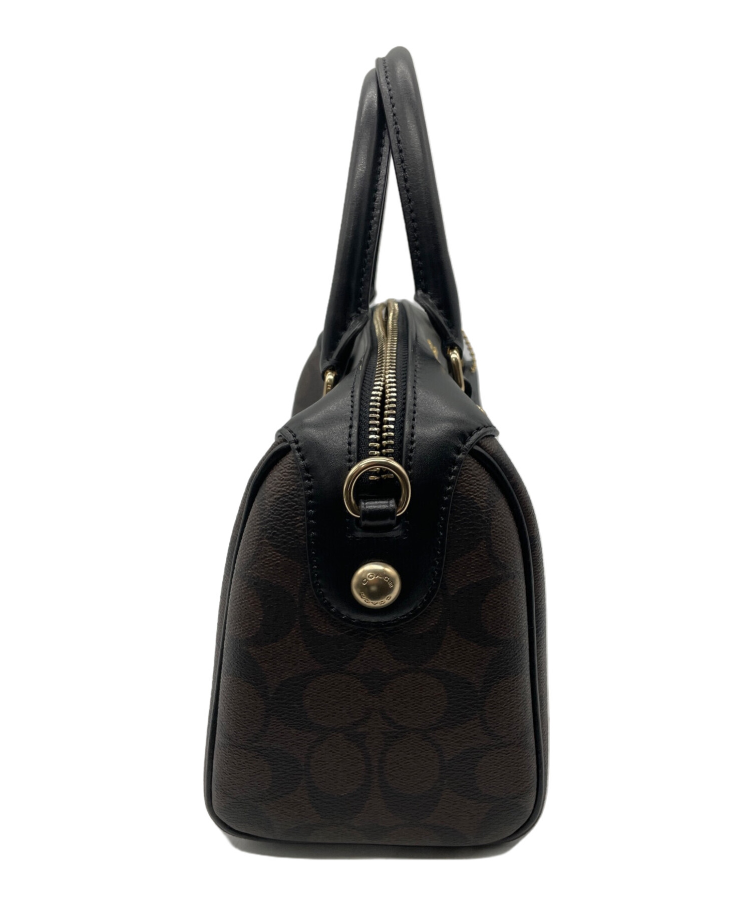 COACH ブラック ミニボストンバッグ COACH】コーチ スムースカーフレザー シグネチャー 型押し ミニ