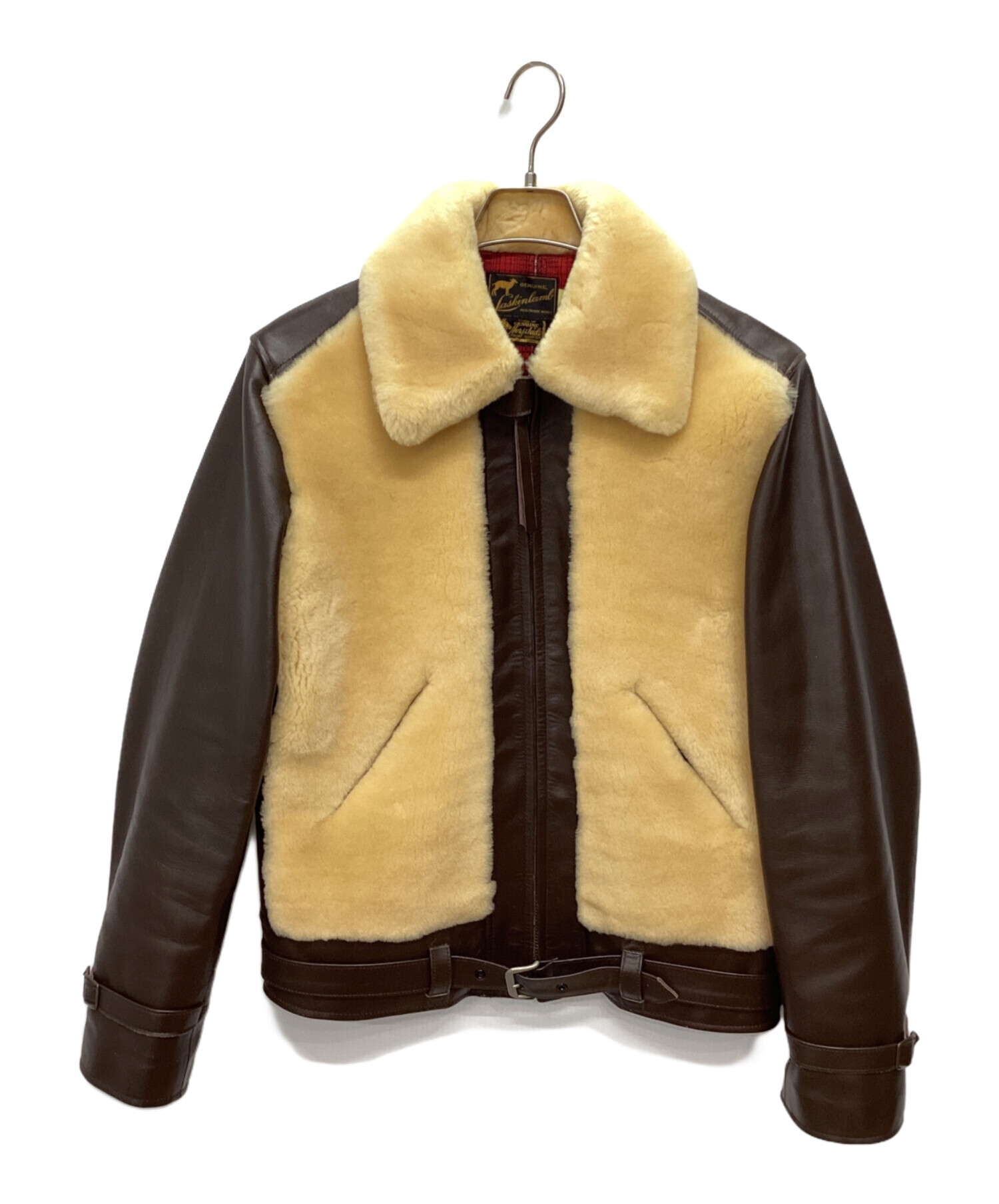 レザーボアジャケット / 羊革 本革 ブラウン ピークドラペル ラムレザー 古着 中古・古着通販】Laskinlamb (ラスキンラム) ボア切替レザージャケット