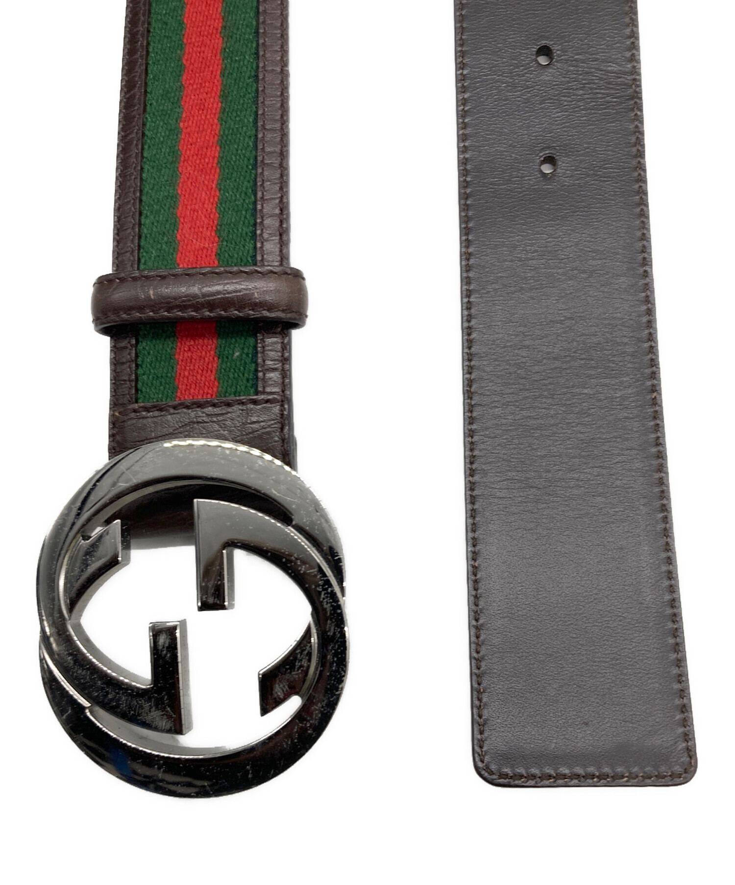 ★19時まで値下げ中★GUCCIベルト インターロッキングGGシマブラウンレザー 中古・古着通販】GUCCI (グッチ) インターロッキングバックルGGベルト