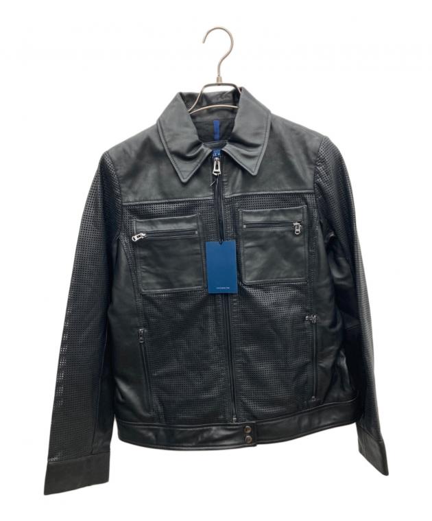 【美品】コール ハーン レザージャケット 9号 ブラック フロントジッパー 中古・古着通販】COLE HAAN (コールハーン) パンチングレザー