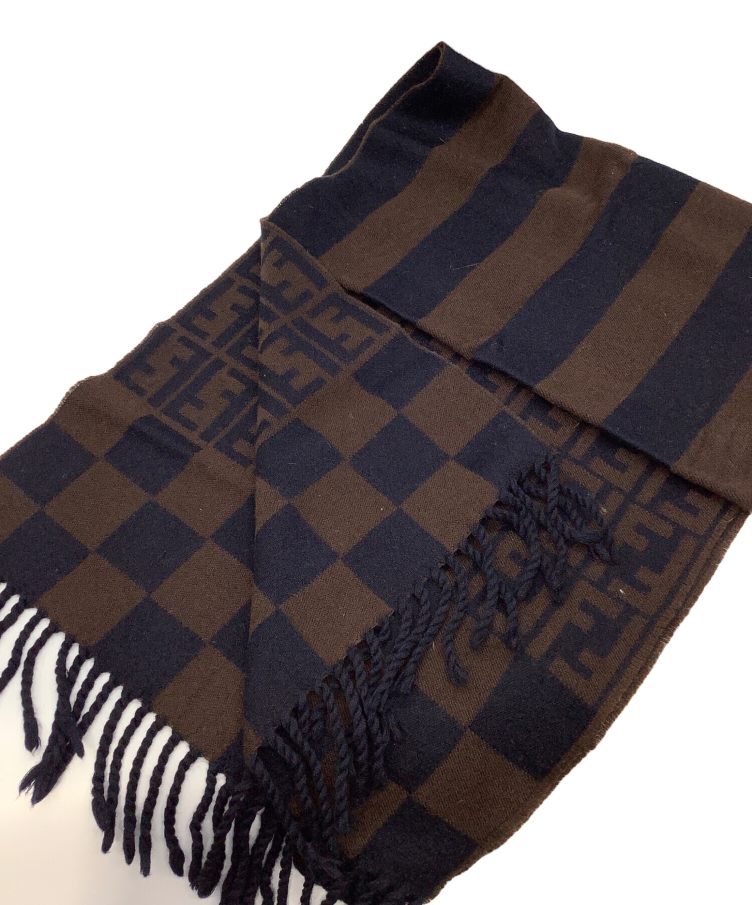 FENDI ウールマフラー ネイビー/ベージュ 中古・古着通販】FENDI (フェンディ) ズッカ ウールマフラー ネイビー