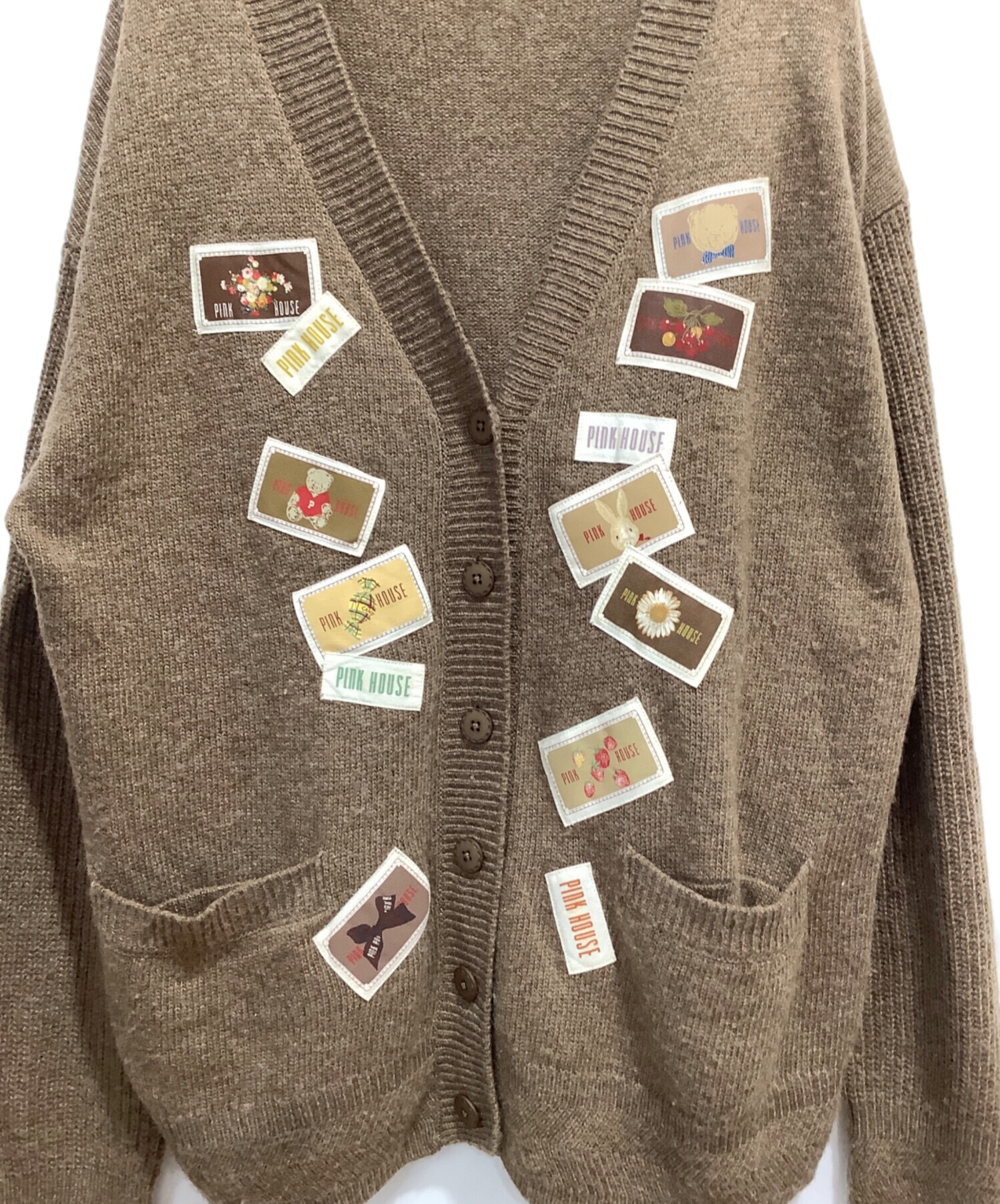 美品 PINK HOUSE ピンクハウス ワッペン付き 金釦 Vネック ニット カーディガン ブラック レディース 古着 中古 USED PINK HOUSE - 美品 PINK HOUSE ピンクハウス ワッペン付き 金釦 V