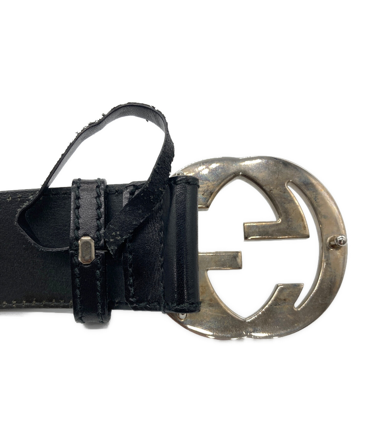GUCCI グッチ ブラック レザーベルト 細ベルト 本革 ブラック 黒 銀 中古・古着通販】GUCCI (グッチ) レザーベルト ブラック×シルバー