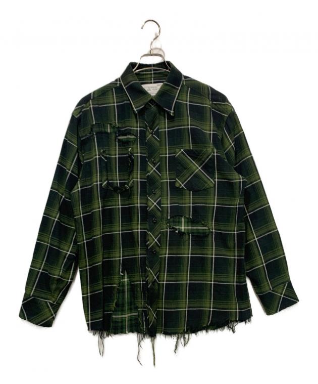 Rafu ラフ カジュアルシャツ S 緑x黒x白(チェック) 【古着】【中古】 中古・古着通販】RAFU (ラフ) Antiqued shirt フランネルシャツ