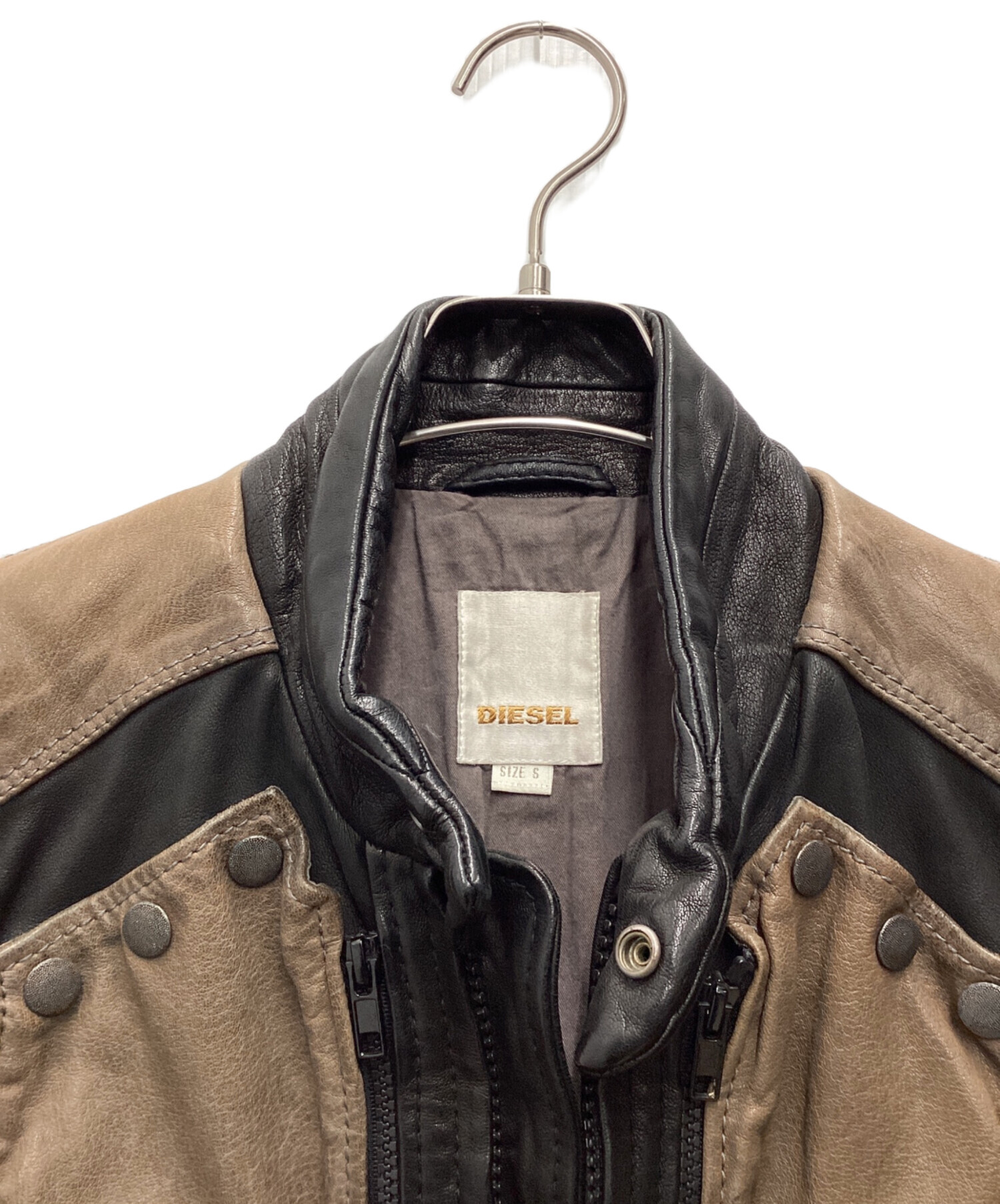 中古・古着通販】DIESEL (ディーゼル) 切替レザージャケット ブラウン