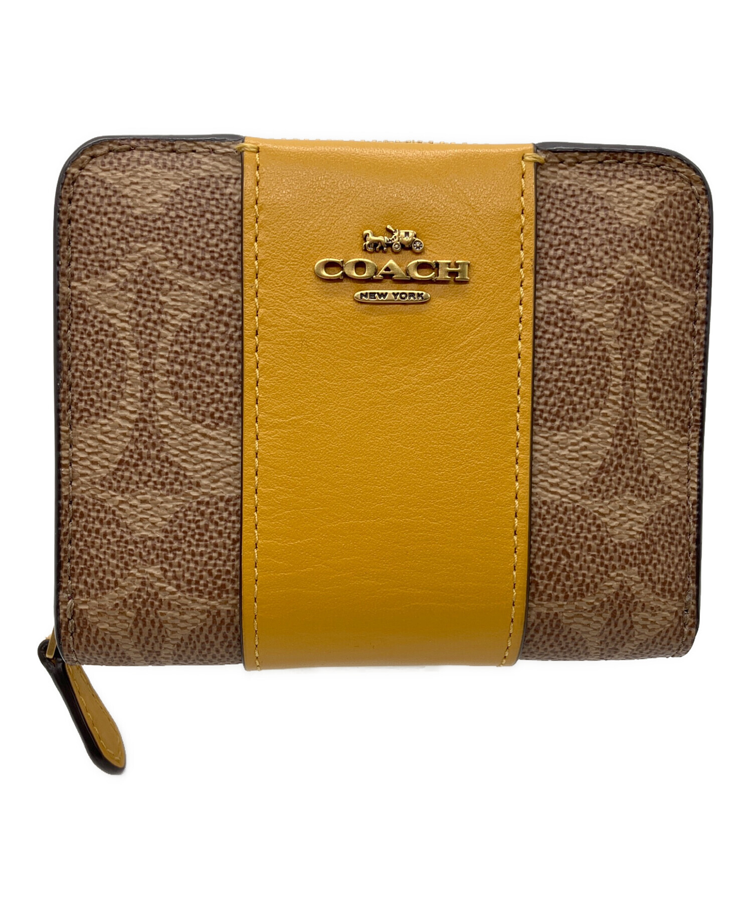 中古　超美品　COACH レディース長財布　コラウンドファスナーホワイ／イエロー COACH（コーチ） 新作 長財布 黄色 風水の黄色い財布 金運をもたらす