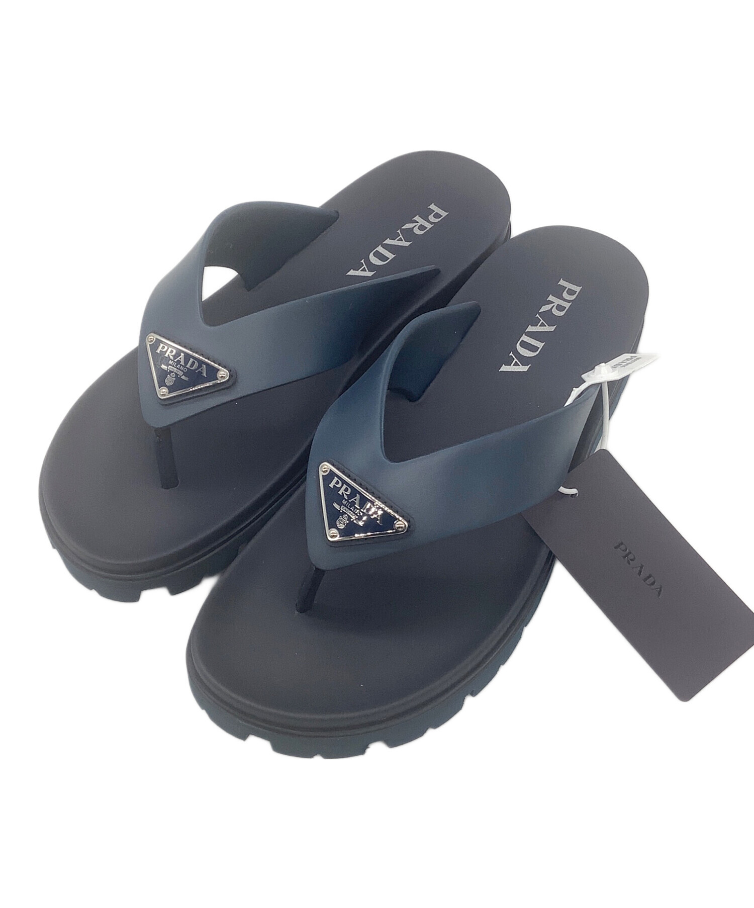 PRADA ネイビー スエード素材オープントゥ サンダル 中古・古着通販】PRADA (プラダ) ラバートングサンダル ネイビー