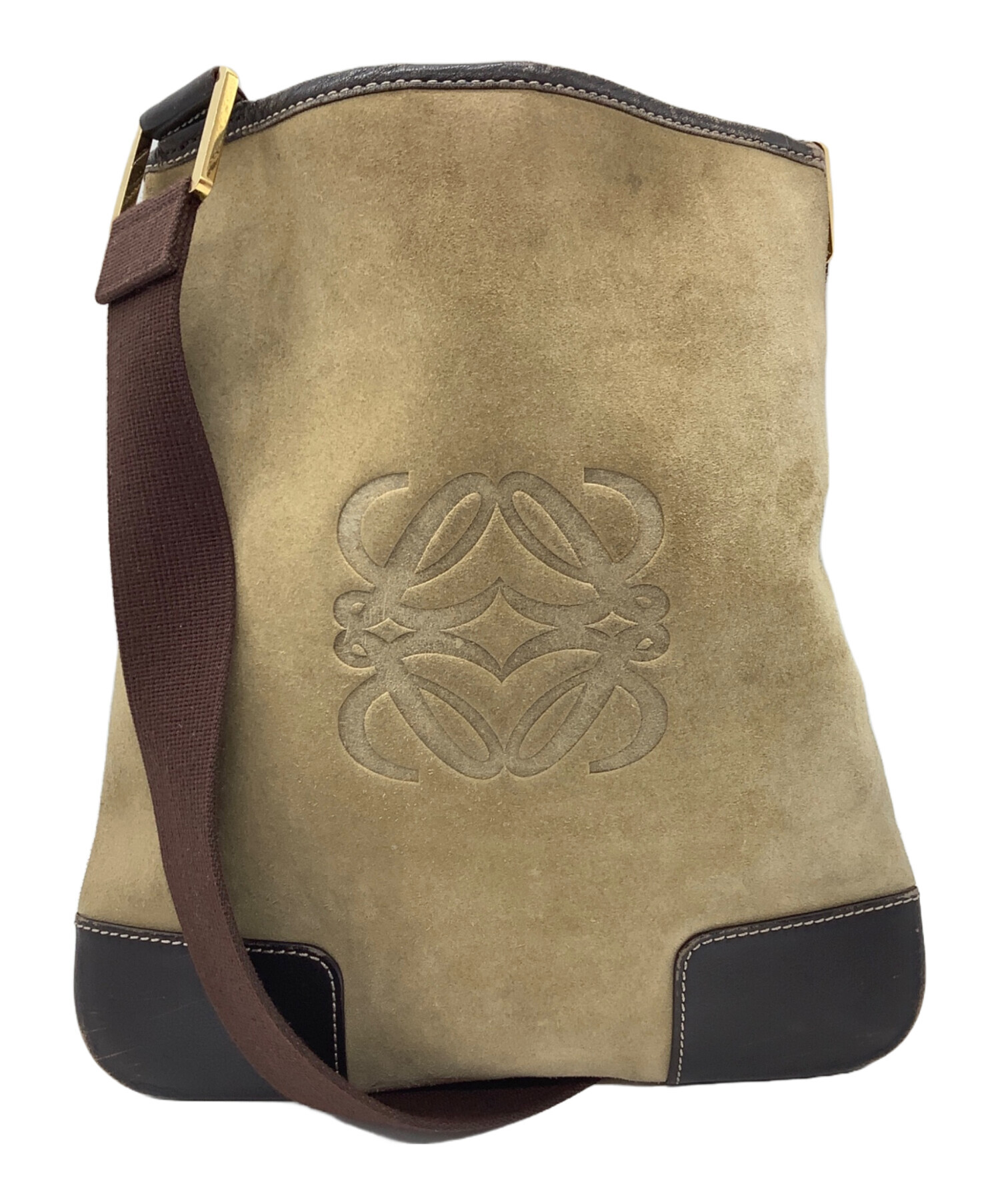 ロエベ LOEWE ショルダーバッグ スエード スクエア ロゴ ミドル グリーン LOEWE ロエベ ショルダーバッグ グリーン ブラウン アナグラム