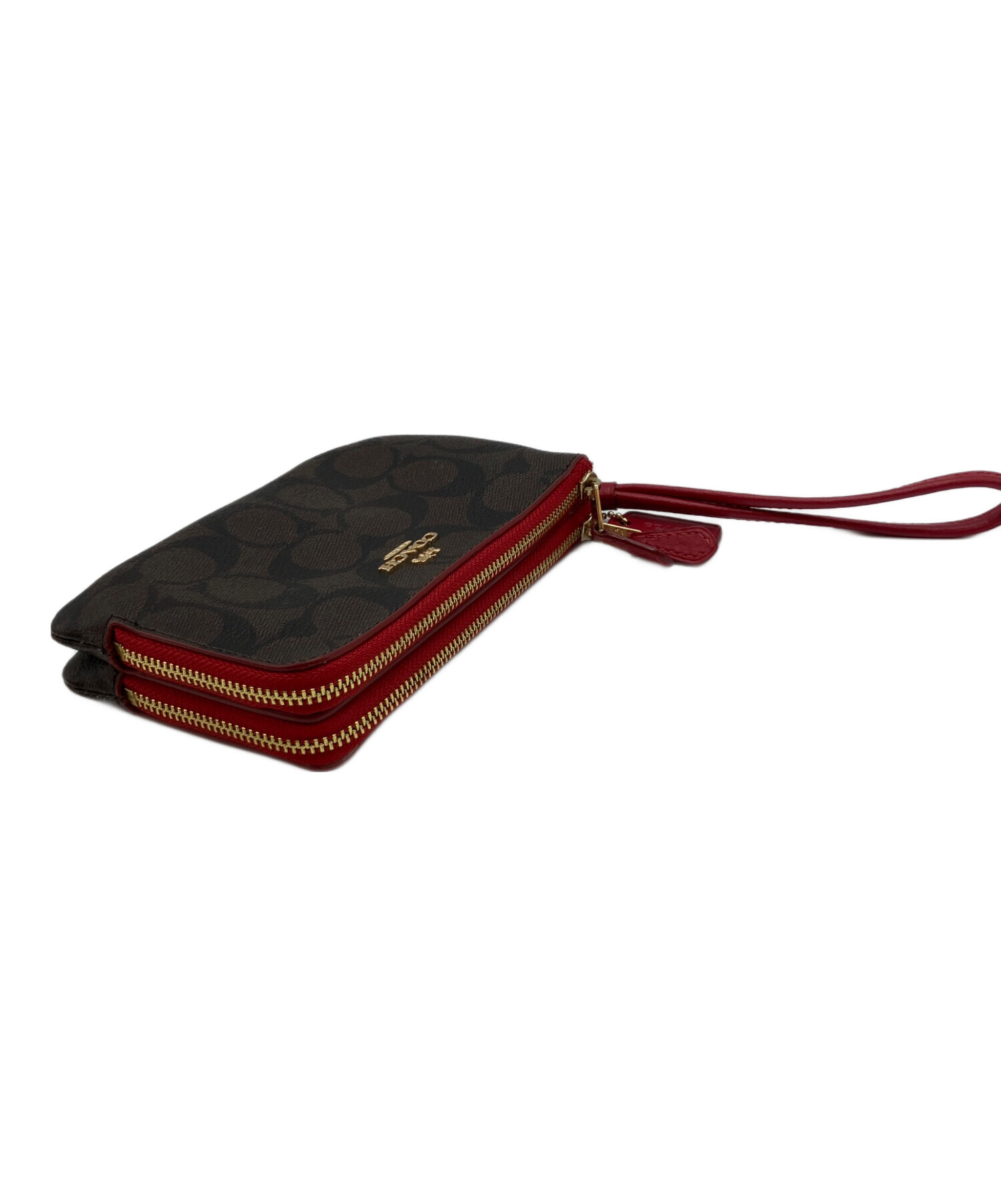 COACH コーチ シグネチャー ポーチ ブラウン レッド　ダブルファスナー 中古・古着通販】COACH (コーチ) ダブルファスナーポーチ レッド