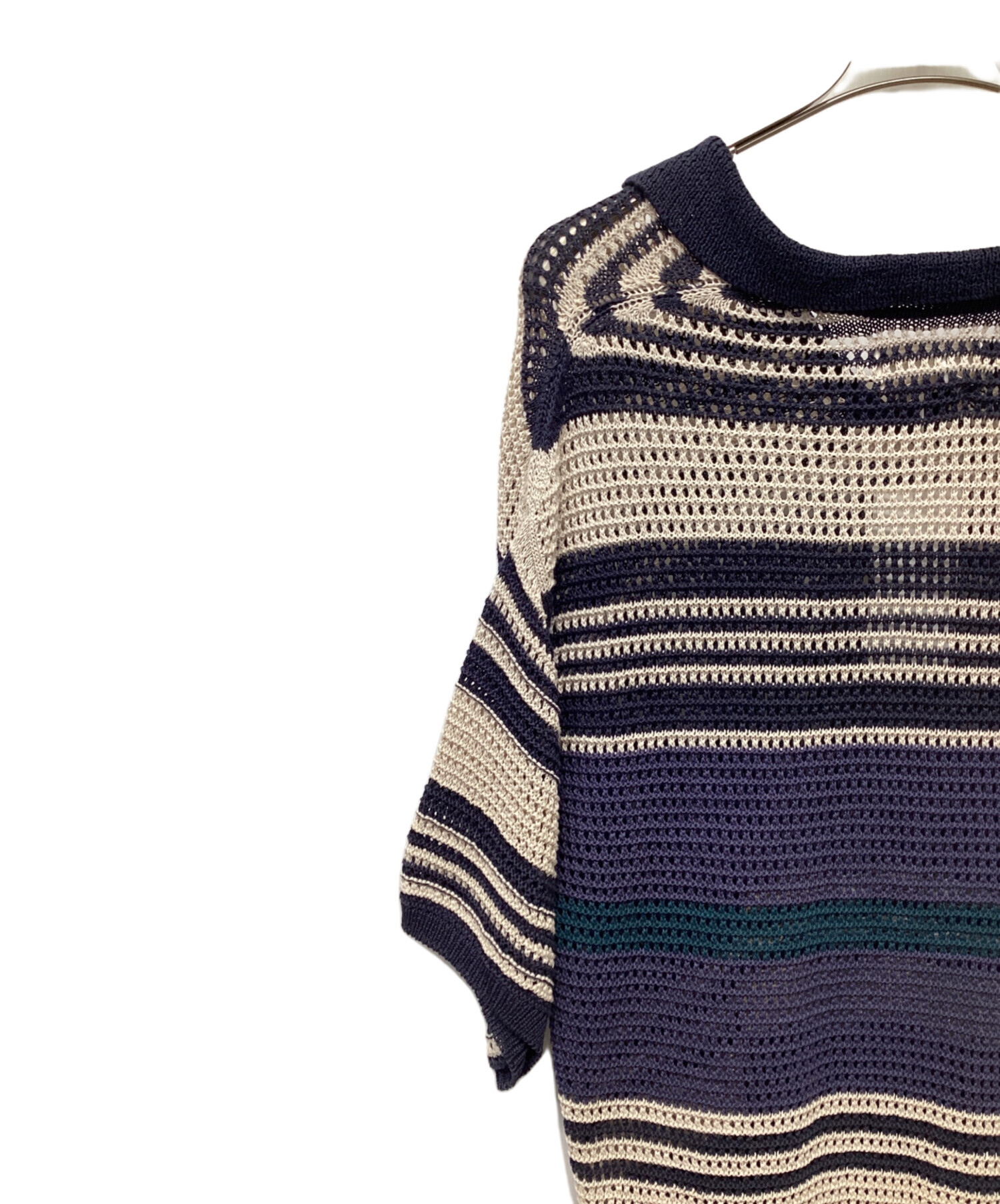 YOKE ネイビー メッシュ編みスキッパーポロシャツ サイズ2 YOKE | BORDER MESH KNIT SKIPPER POLO SHIRT(NAVY×BEIGE) | ボーダー