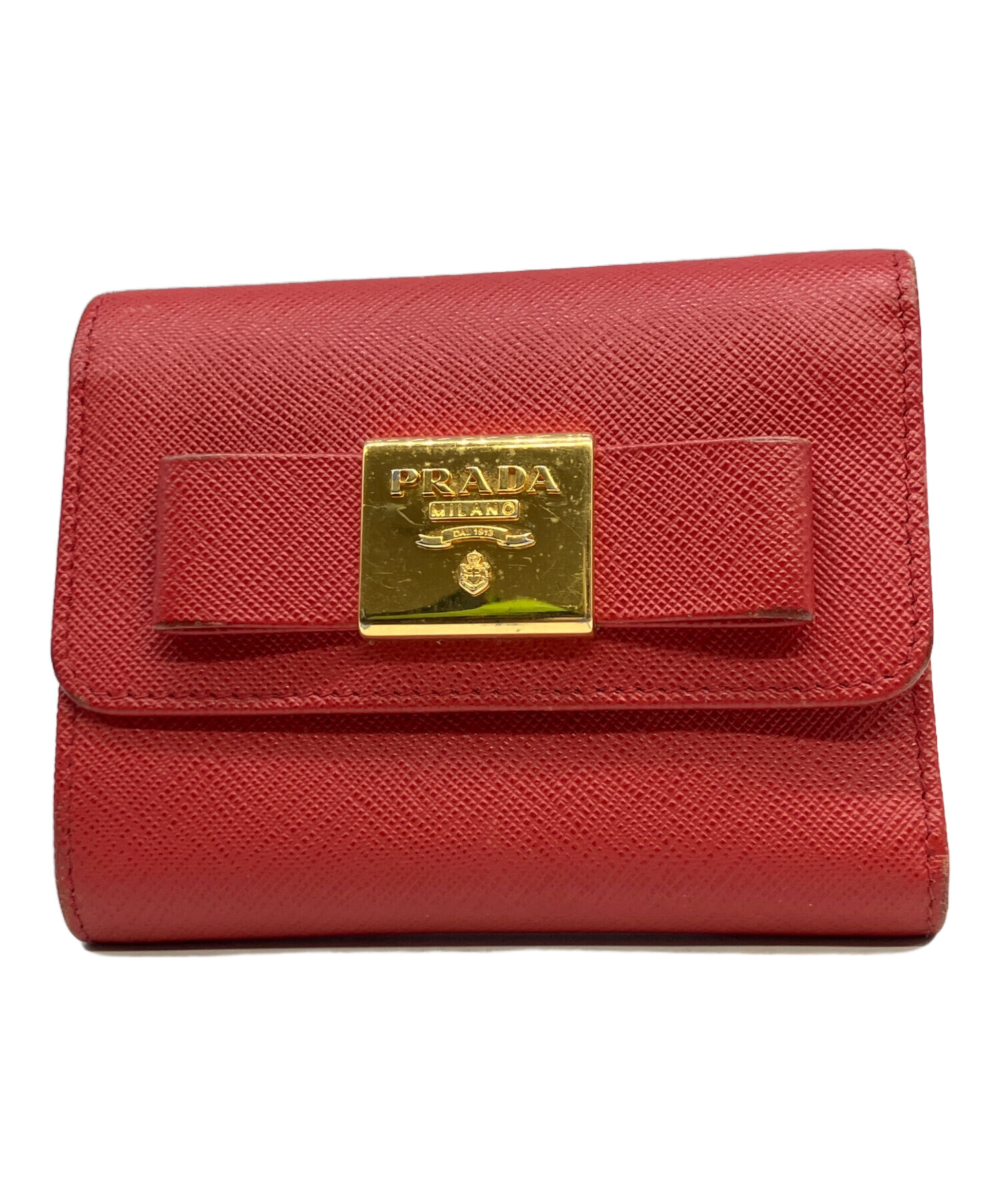 PRADA プラダ　三角ロゴ　エピレザー 三つ折り財布 レッド PRADA プラダ 三角ロゴ エピレザー 三つ折り財布 レッド レディース