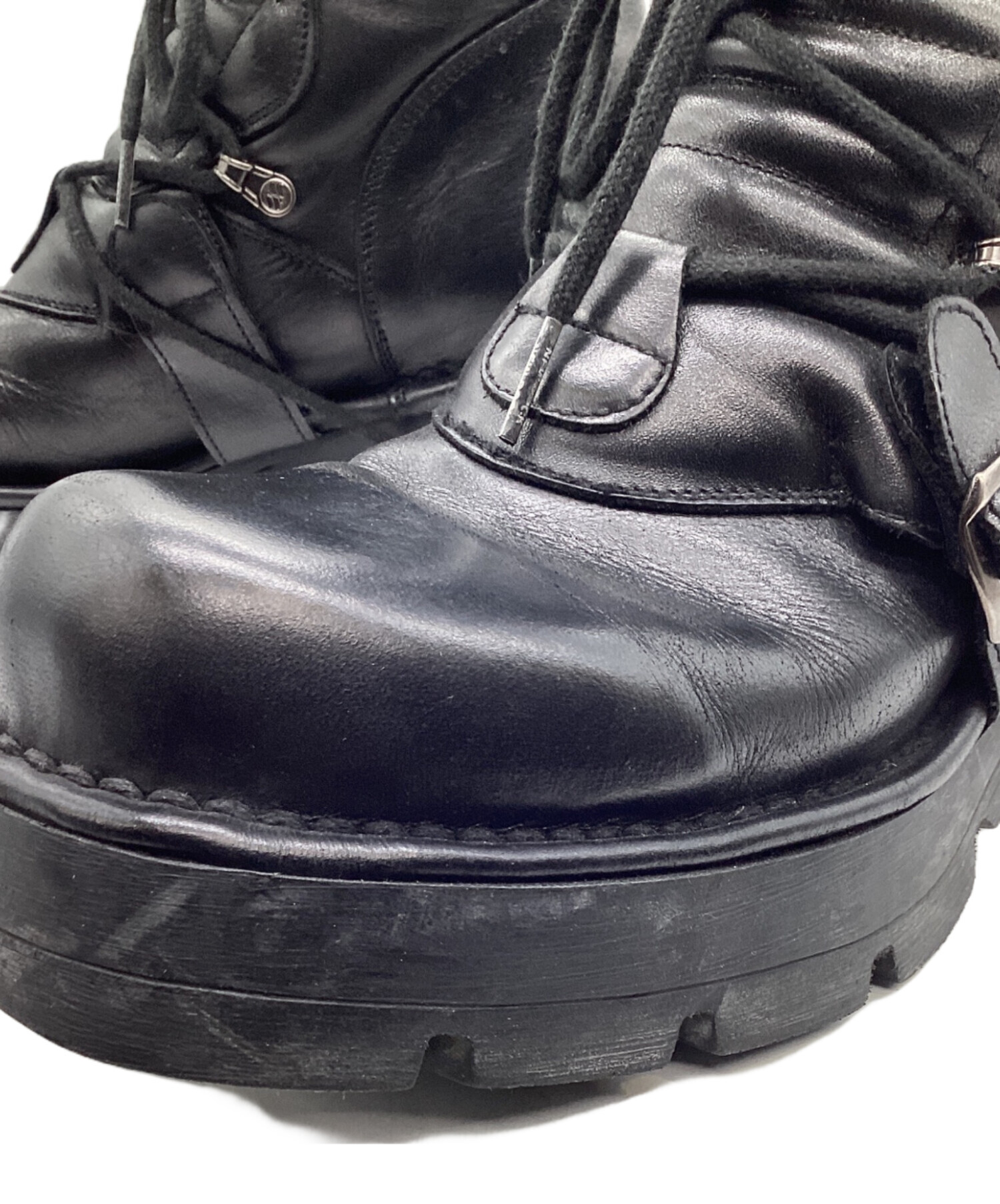 new rock ニューロック 黒 レザー ブーツ メタリック ヒール 厚底 中古・古着通販】NEW ROCK (ニューロック) レザーブーツ ブラック