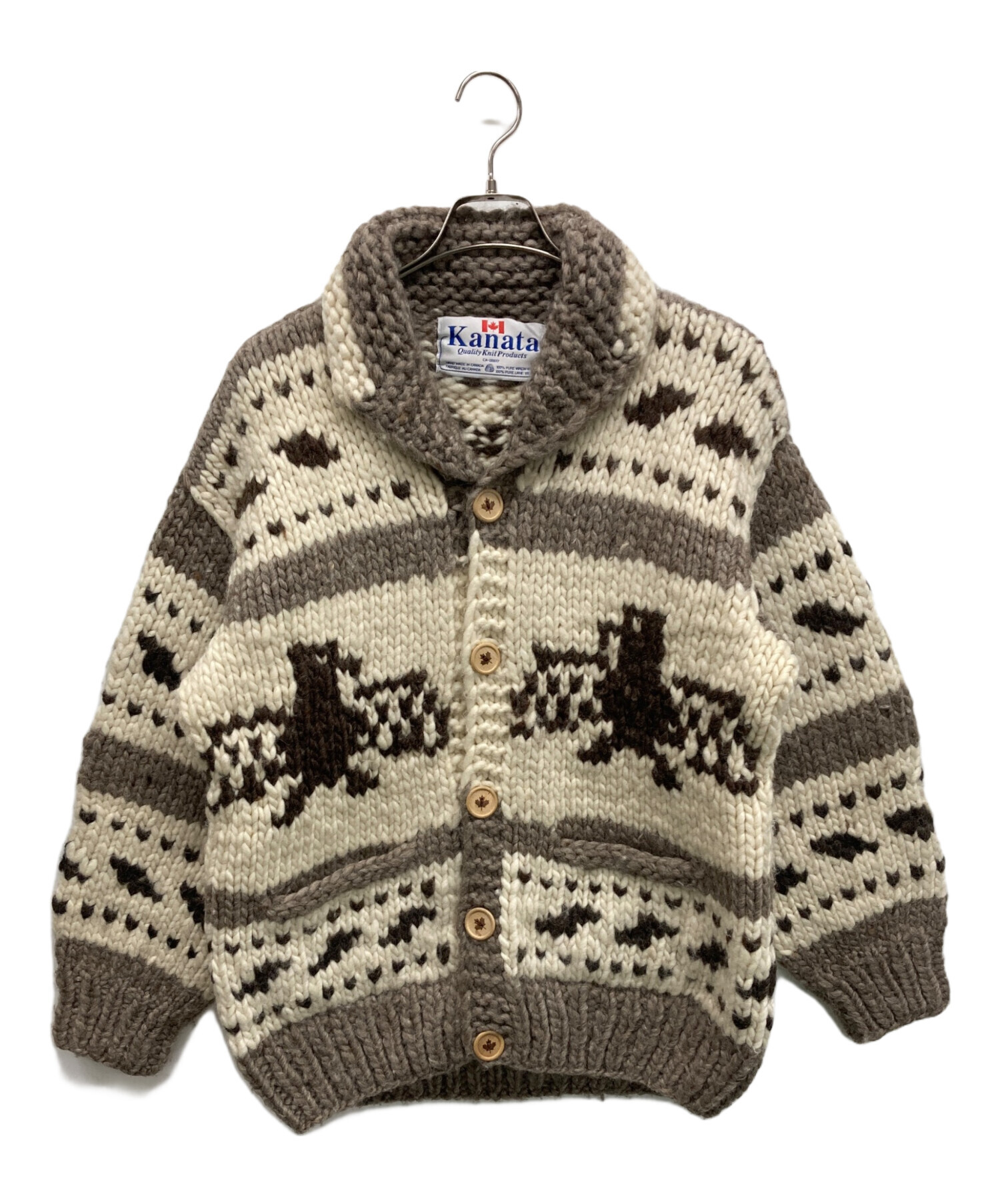 カナタ【別注】カーディガン　Mサイズ相当　ジョンブルスカル柄　KANATA 中古・古着通販】KANATA (カナタ) 厚手カーディガン ホワイト×ベージュ
