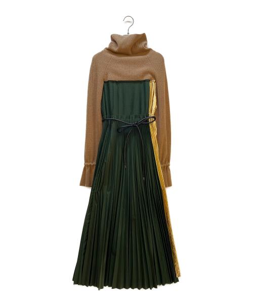 未使用級 sacai インナー付 ニット 切替 ワンピース 長袖 シャツ 緑 中古・古着通販】sacai (サカイ) 長袖ワンピース グリーン×ゴールド
