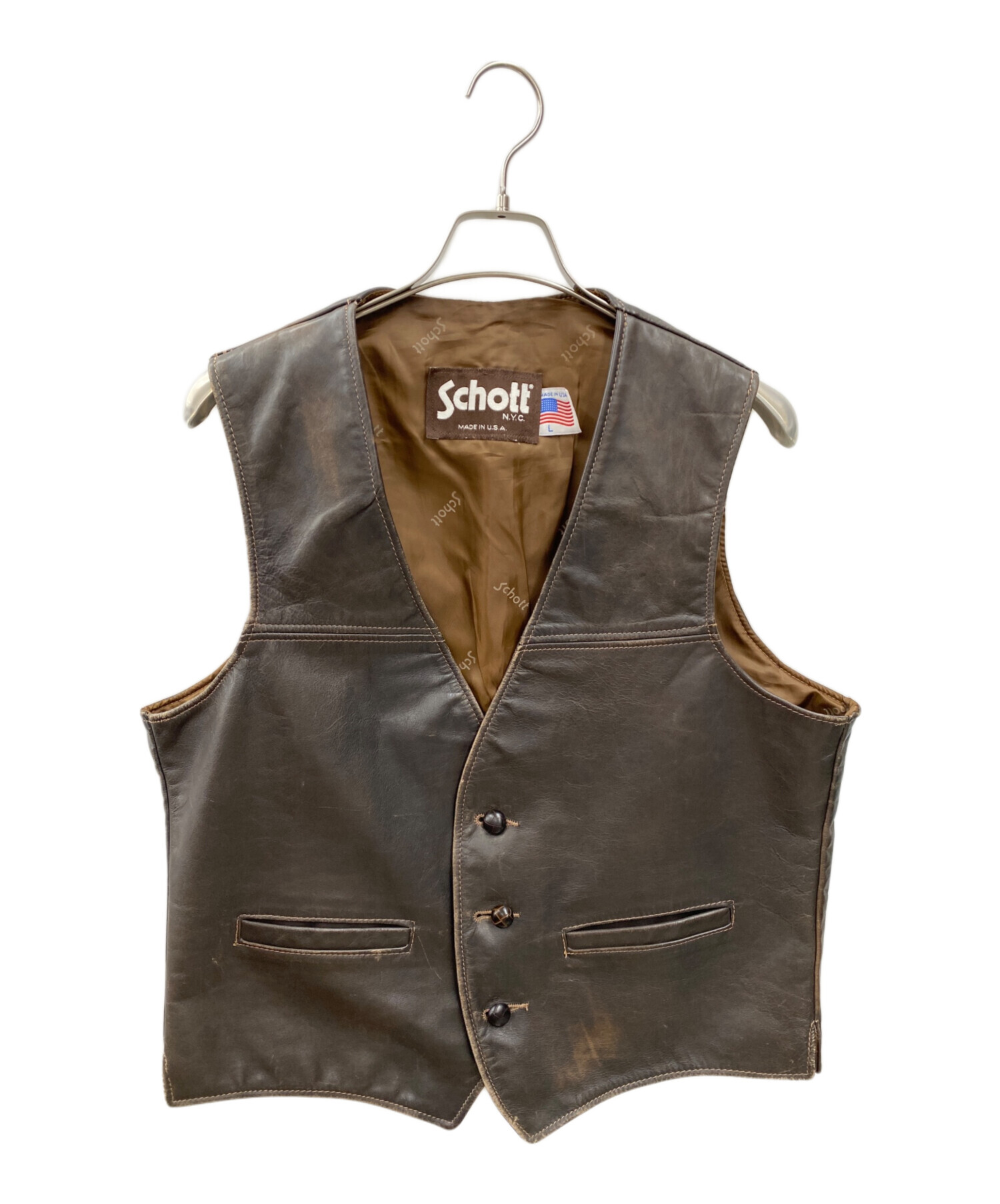 中古・古着通販】Schott (ショット) レザーベスト ブラウン サイズ:L 中古・古着通販】Schott (ショット) レザーベスト ブラウン サイズ:L