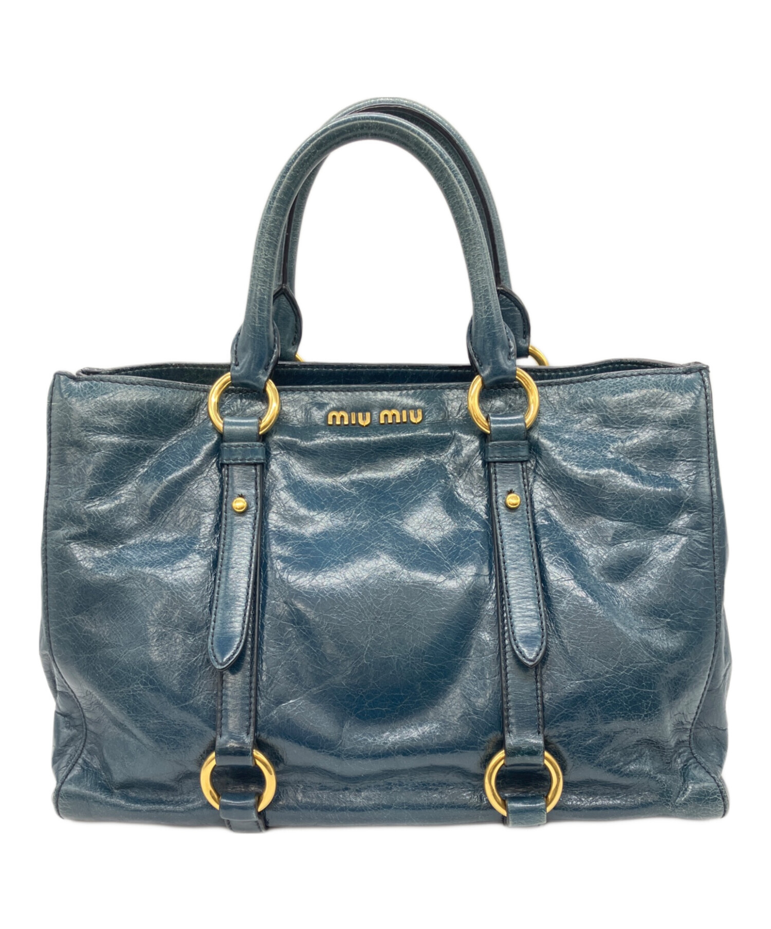 中古　MIU MIU（ミュウミュウ）　レザーハンドバッグ× 中古・古着通販】MIU MIU (ミュウミュウ) レザーハンドバッグ ネイビー