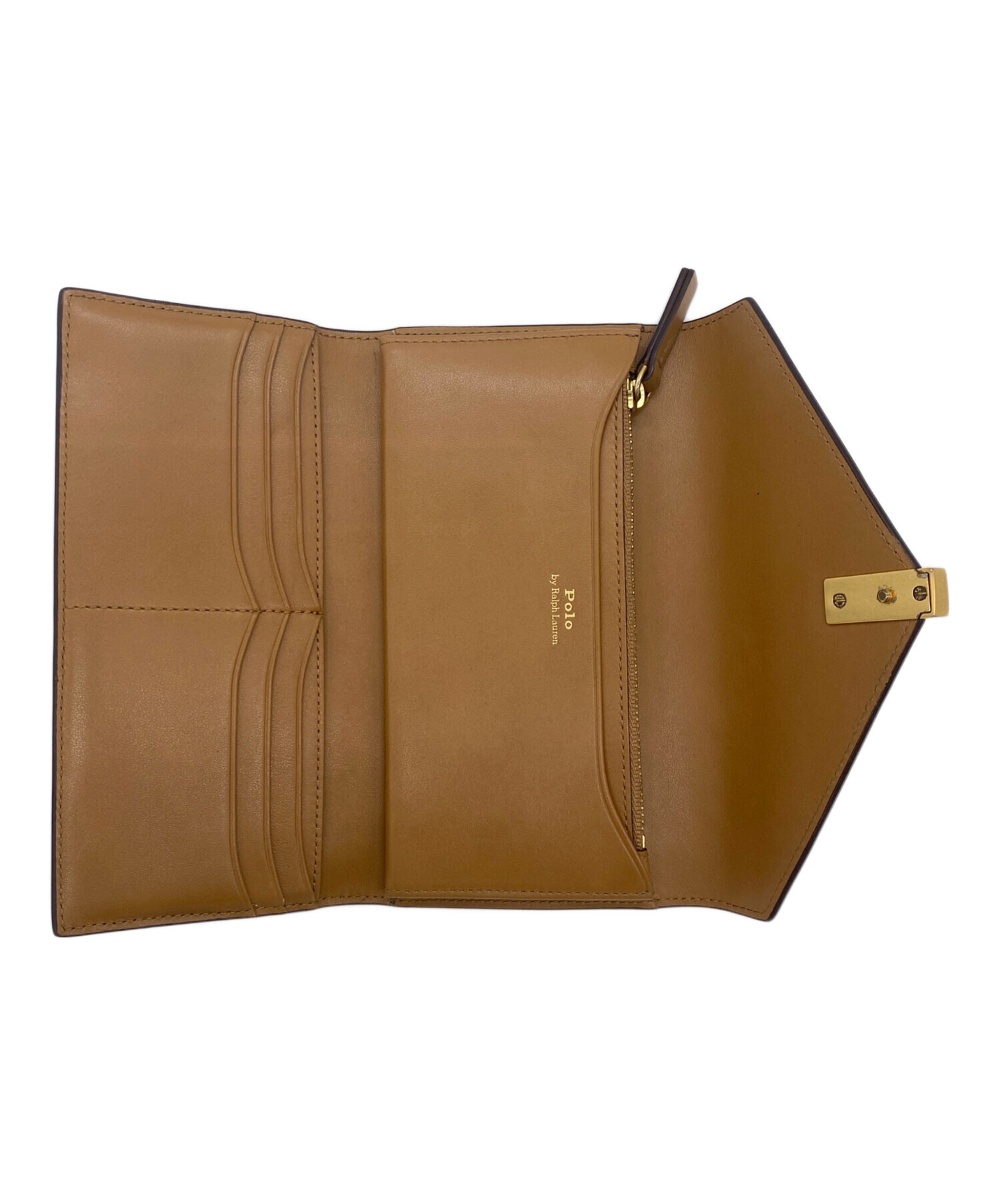 未使用級 ポロラルフローレン ID 折り財布 ロゴ金具 レザー カーキ 未使用級 ポロラルフローレン ID 折り財布 ロゴ金具 レザー