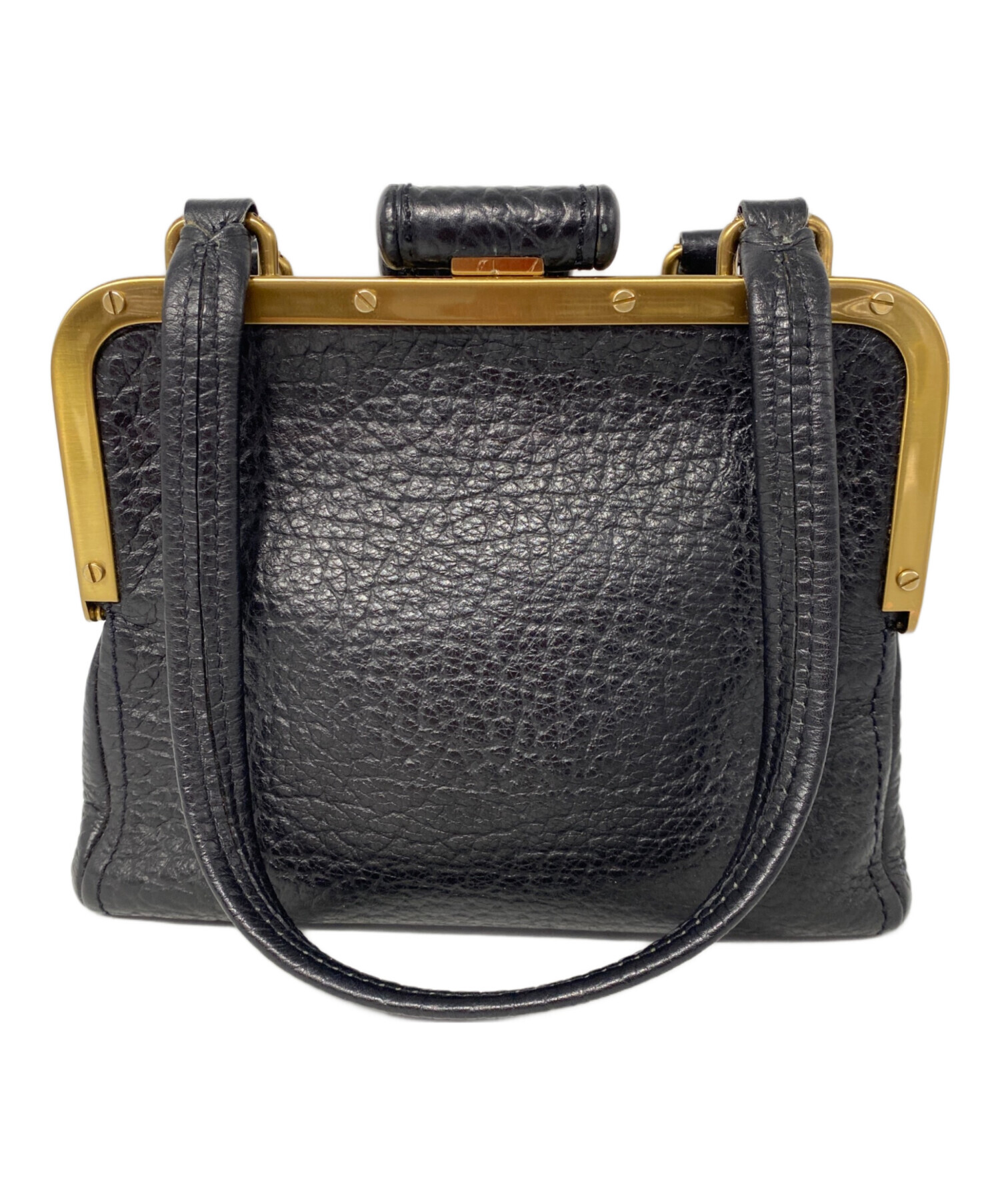PRADA ブラックレザー がま口ケース 中古・古着通販】PRADA (プラダ) がま口レザートートバッグ ブラック