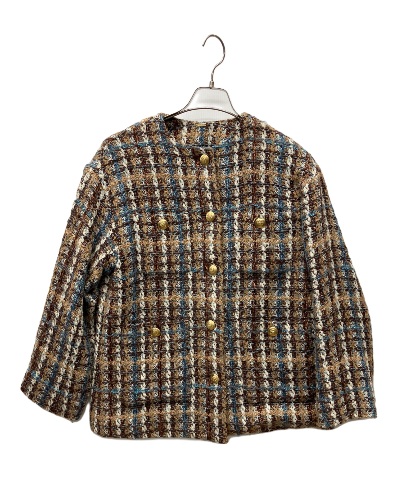 ミラオーウェン ポケットデザイン ロングツイードジャケット 金ボタン ブラウン 中古・古着通販】Mila Owen (ミラオーウェン) ポケットデザインロング