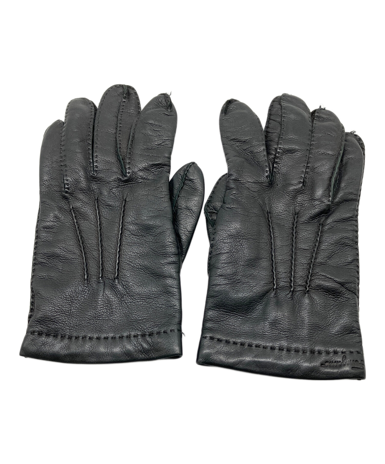 美品　フェラガモ　レザーグローブ　革手袋　ダークブラウン　シルク裏地　サイズ7 KURODA（クロダ） 日本製 仔羊革 レディース 高級 三本山 カシミヤ