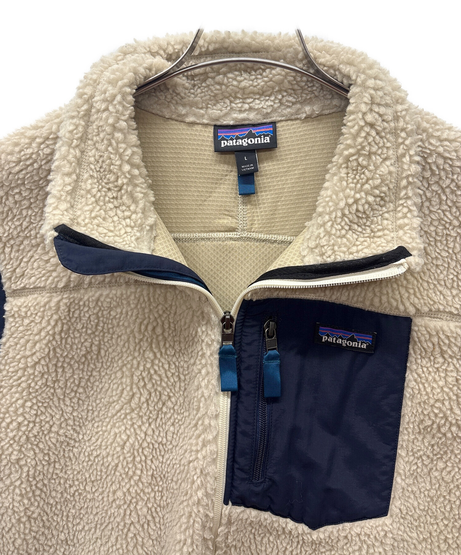 patagonia フリースベスト S ベージュ/ネイビー 中古・古着通販】Patagonia (パタゴニア) フリースベスト ベージュ