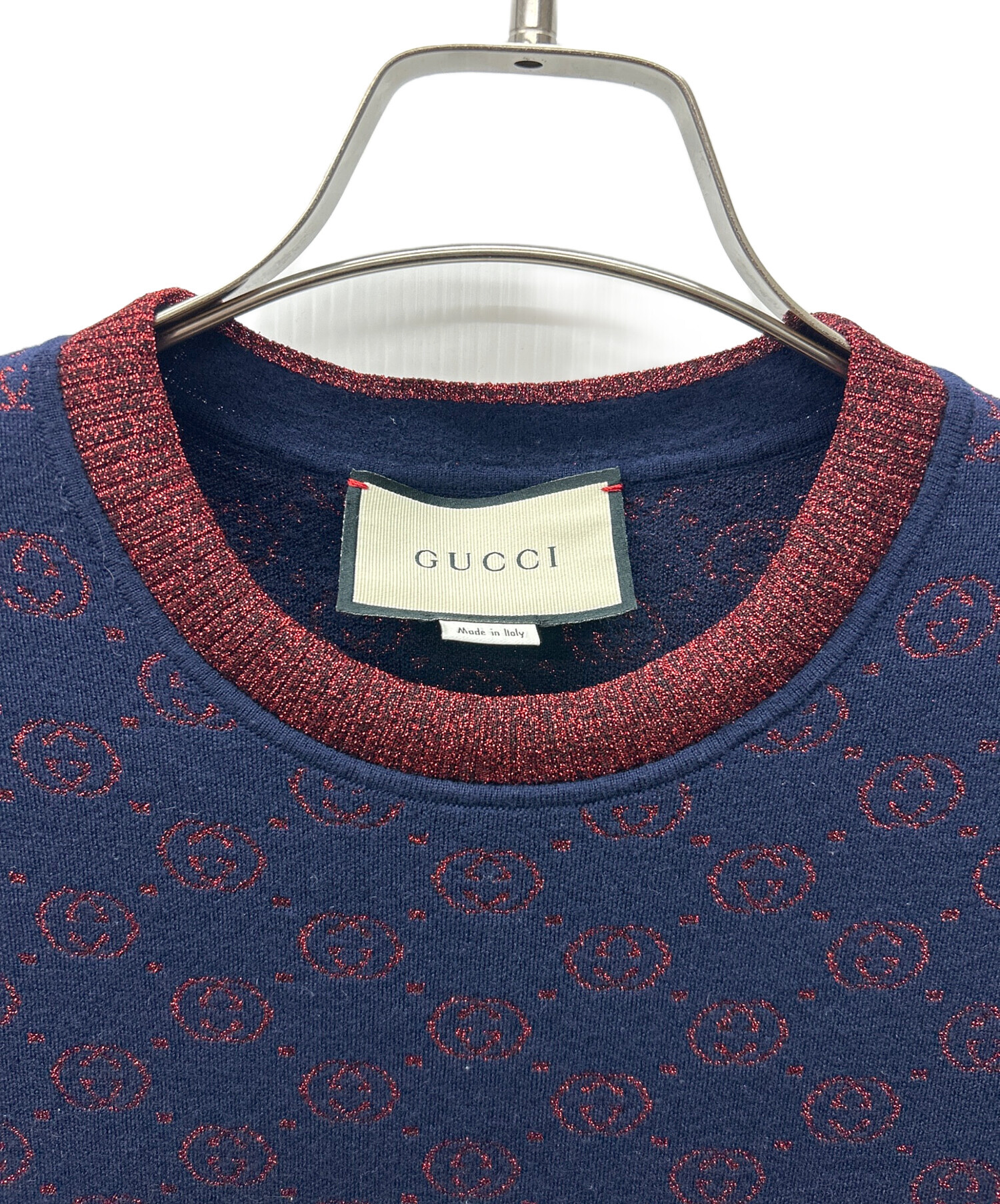 中古・古着通販】GUCCI (グッチ) 半袖ニット ネイビー×レッド サイズ:M