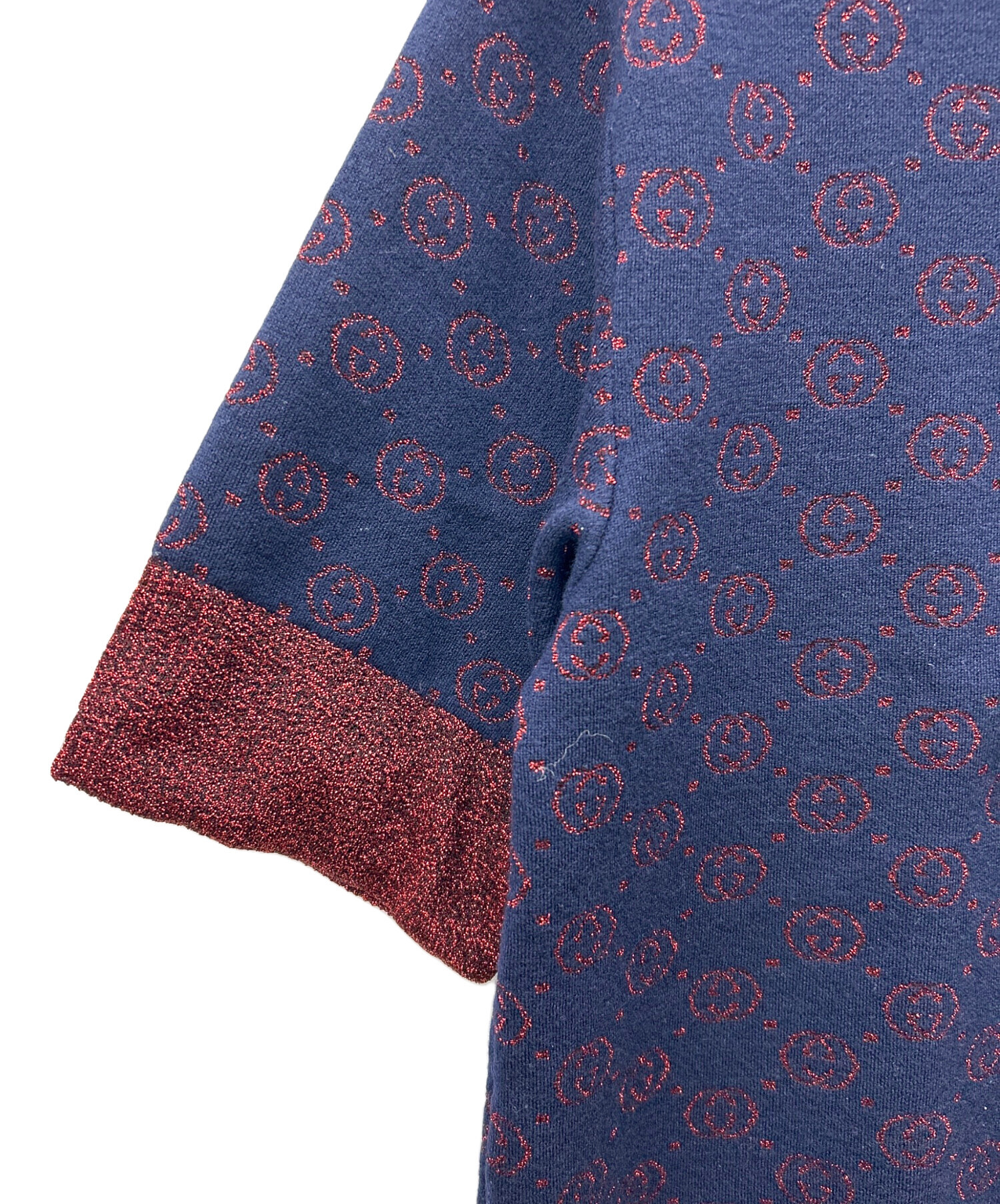 美品】GUCCIボウタイ付き半袖ワンピース ネイビー/レッド 【公式通販】