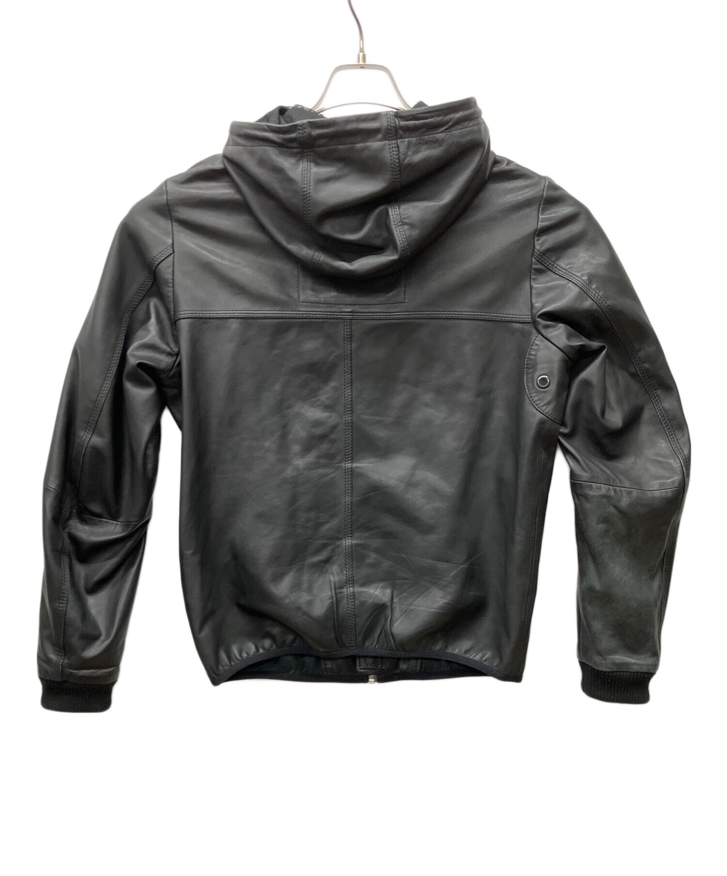 DIESELネイビー フード付き レザー袖 パーカー 中古・古着通販】DIESEL (ディーゼル) レザーパーカー ブラック サイズ