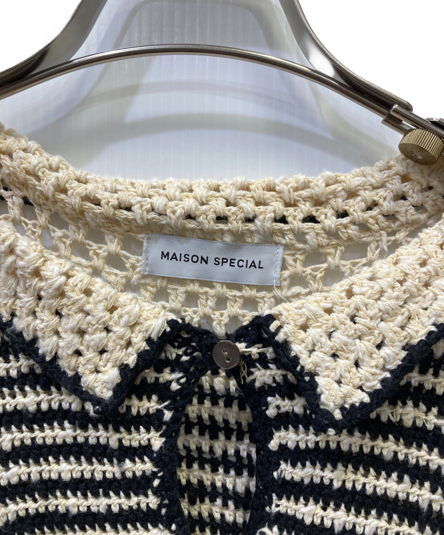 メゾンスペシャル ハンドクロシェニットシャツ 五分袖 F ベージュ 黒 中古・古着通販】MAISON SPECIAL (メゾンスペシャル) ハンドクロシェ
