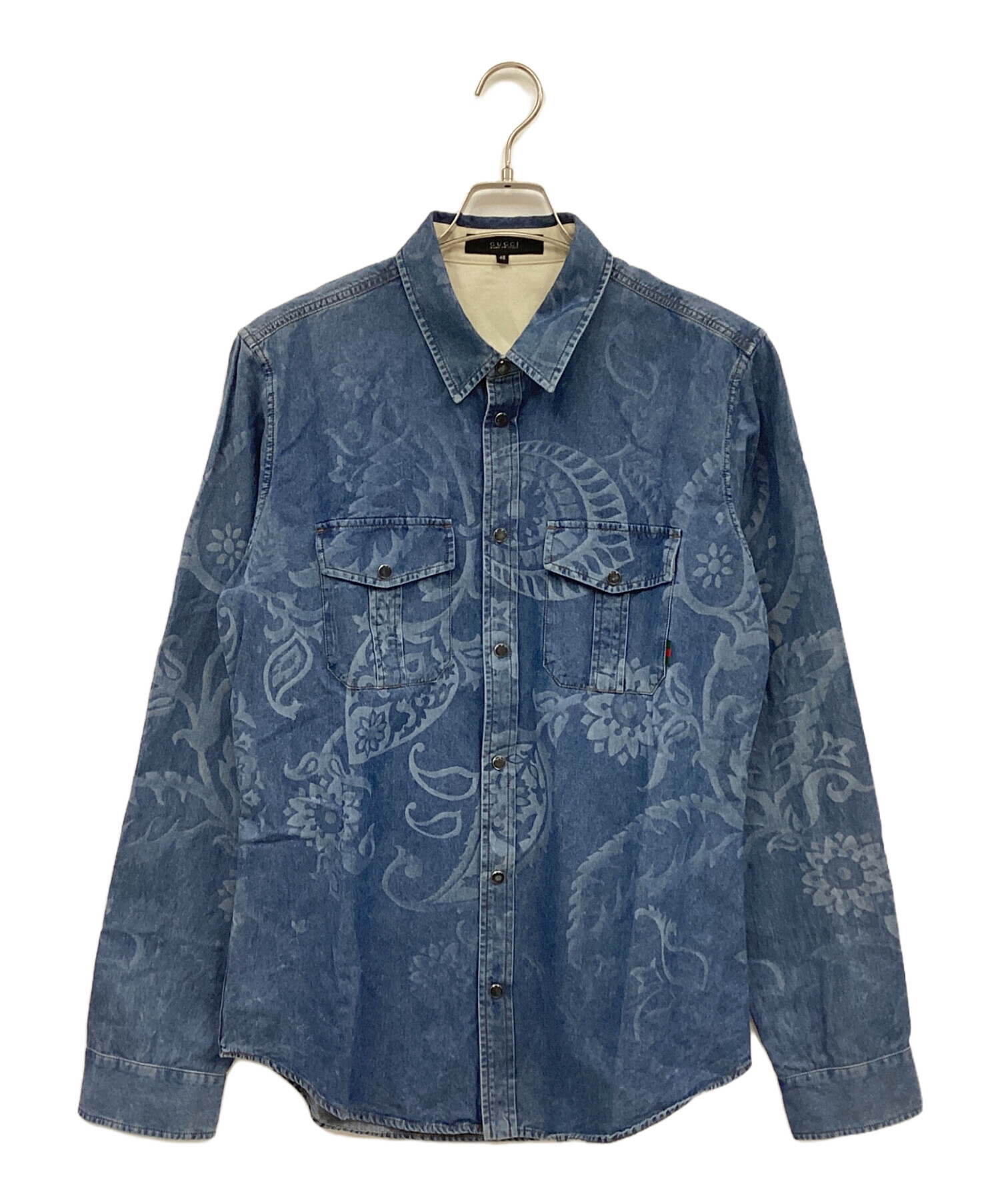 美品 グッチ GUCCI エンブレム刺繍 長袖シャツ サックスブルー GUCCI（グッチ） シャツ ブラウス 長袖 インターロッキングGGロゴ 絹