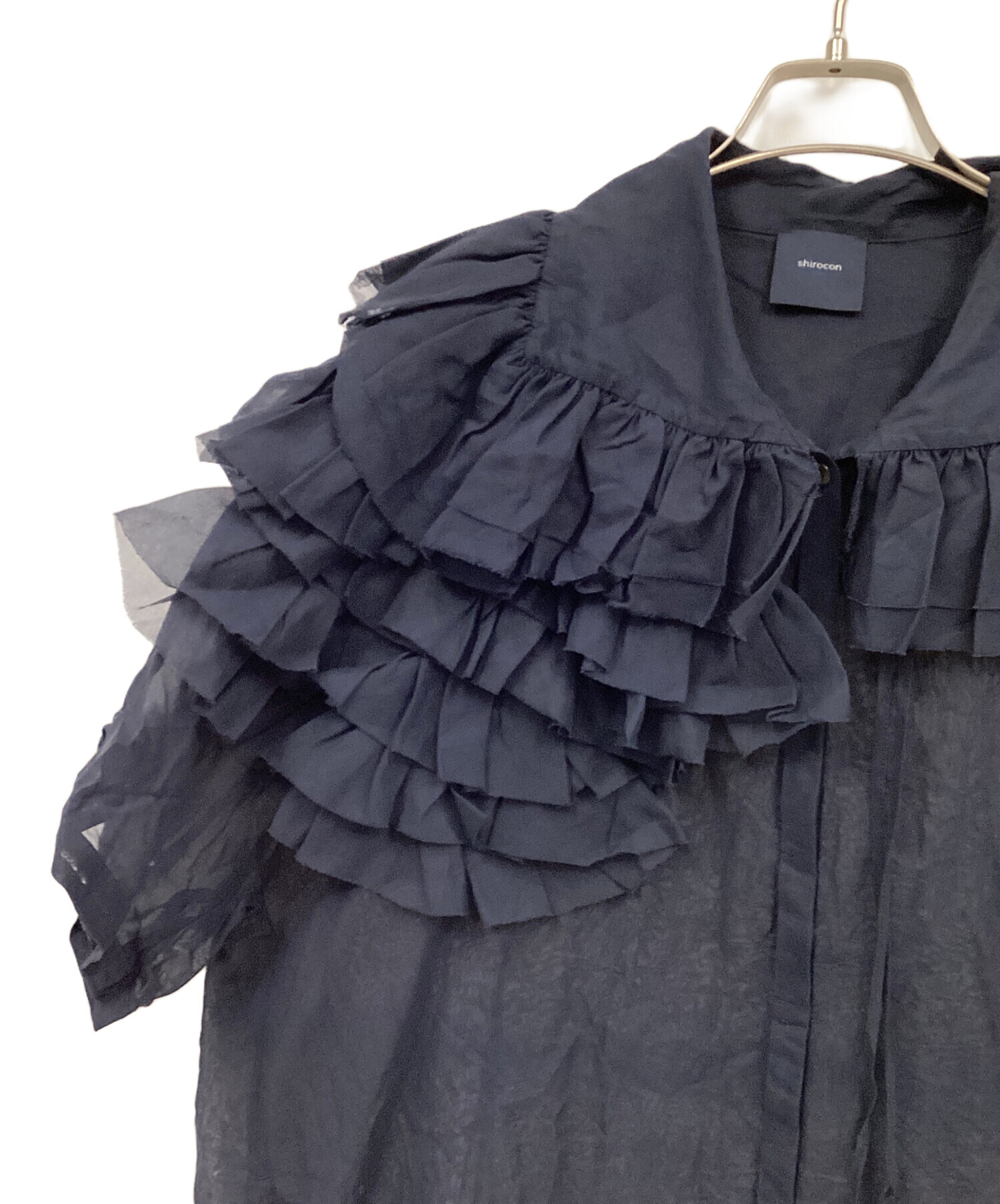 yori ヨリ ヘムフリル 半袖 ブラウス 36 S ネイビー 中古・古着通販】YORI (ヨリ) 半袖シャツ ネイビー サイズ:38