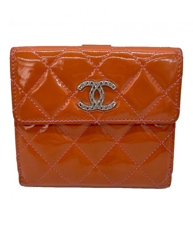 シャネル マトラッセ エナメル長財布 オレンジ 二つ折り シリアルカード Used 美品】シャネル CHANEL マトラッセ 長財布 ロングウォレット