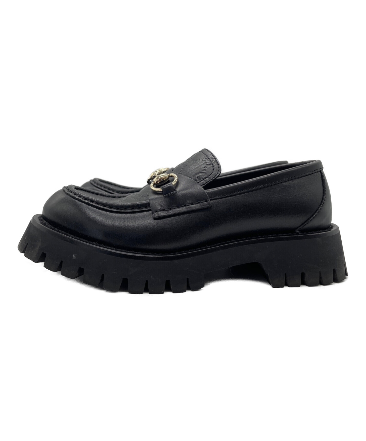 美品 GUCCI グッチ ホースビット ローファー レザー 38 ビジネス 黒 中古・古着通販】GUCCI (グッチ) GGエンボス ホースビットレザー