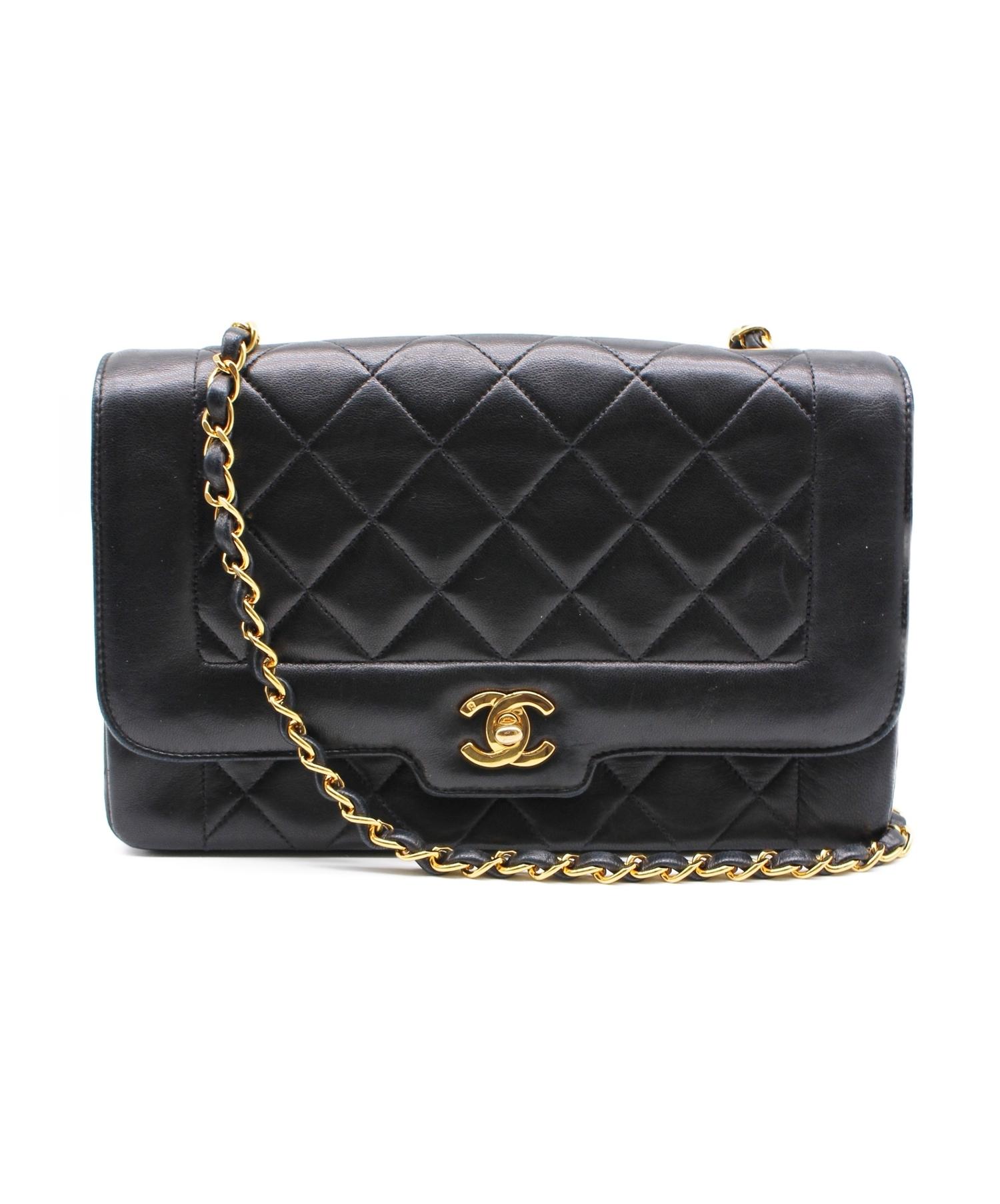 CHANEL シャネル 黒 レザー ロゴ入り チェーンショルダー ラムレザー