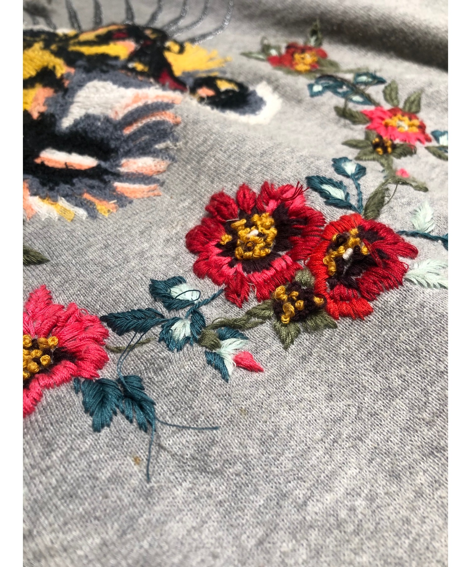 GUCCI - グッチ  457923 X5M13 タイガー刺繍 フードフラワースパンコールパーカー レディース XXS 中古・古着通販】GUCCI (グッチ) タイガー刺繍パーカー グレー サイズ