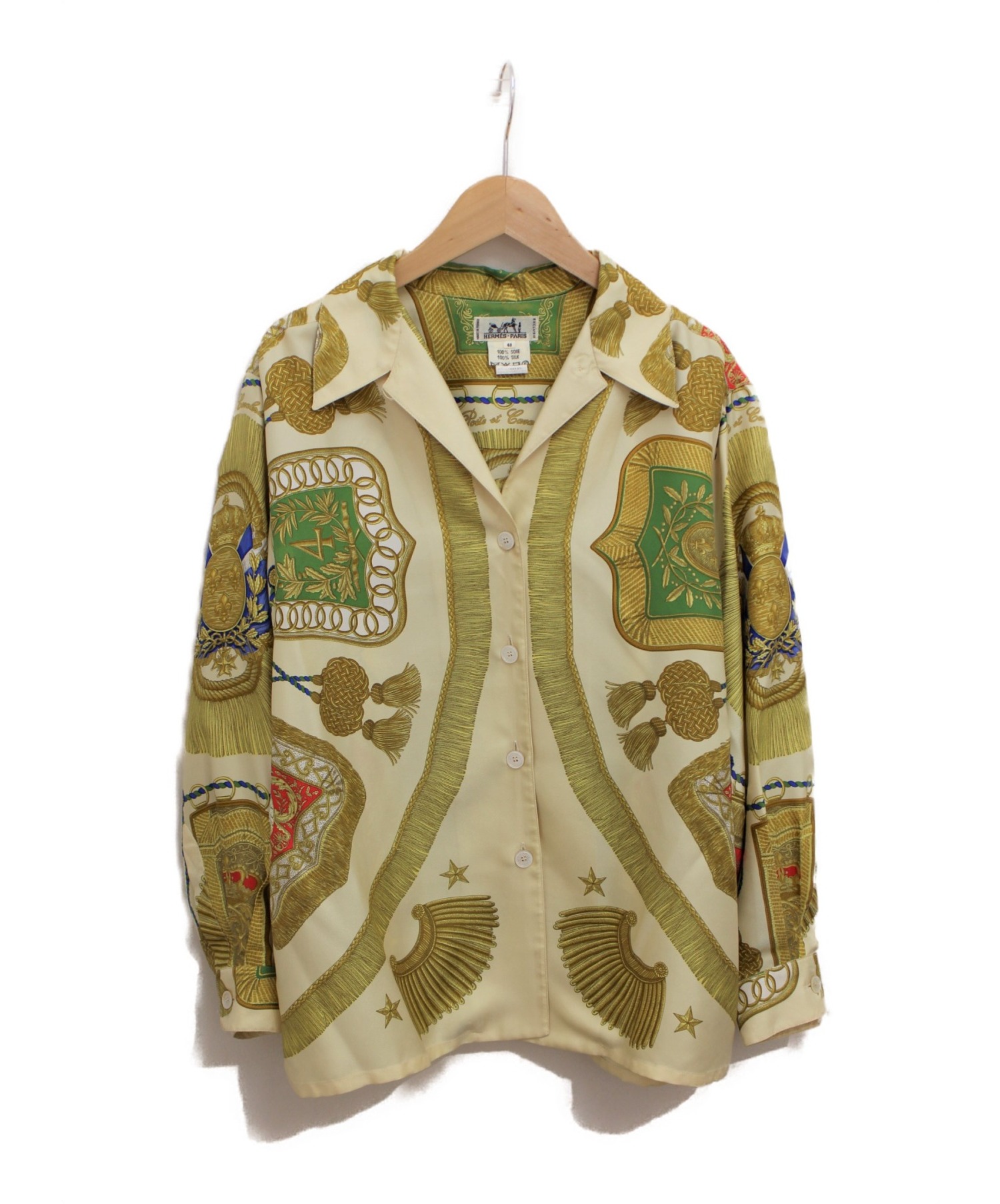 極美品✨HERMESエルメス　シルクシャツ　スカーフ柄ロゴ入　長袖　総柄　L HERMES - 極美品 エルメス HERMES シャツ ロングスリーブ CARPE DIEM