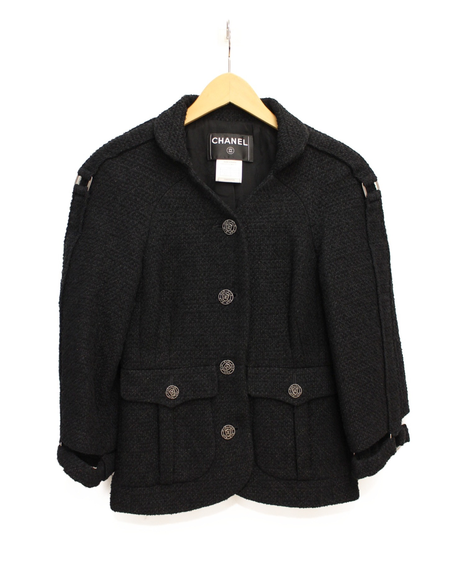 CHANEL ツイードセットアップ ブラック 装飾ボタン ココマーク 中古・古着通販】CHANEL (シャネル) ツイードセットアップスーツ