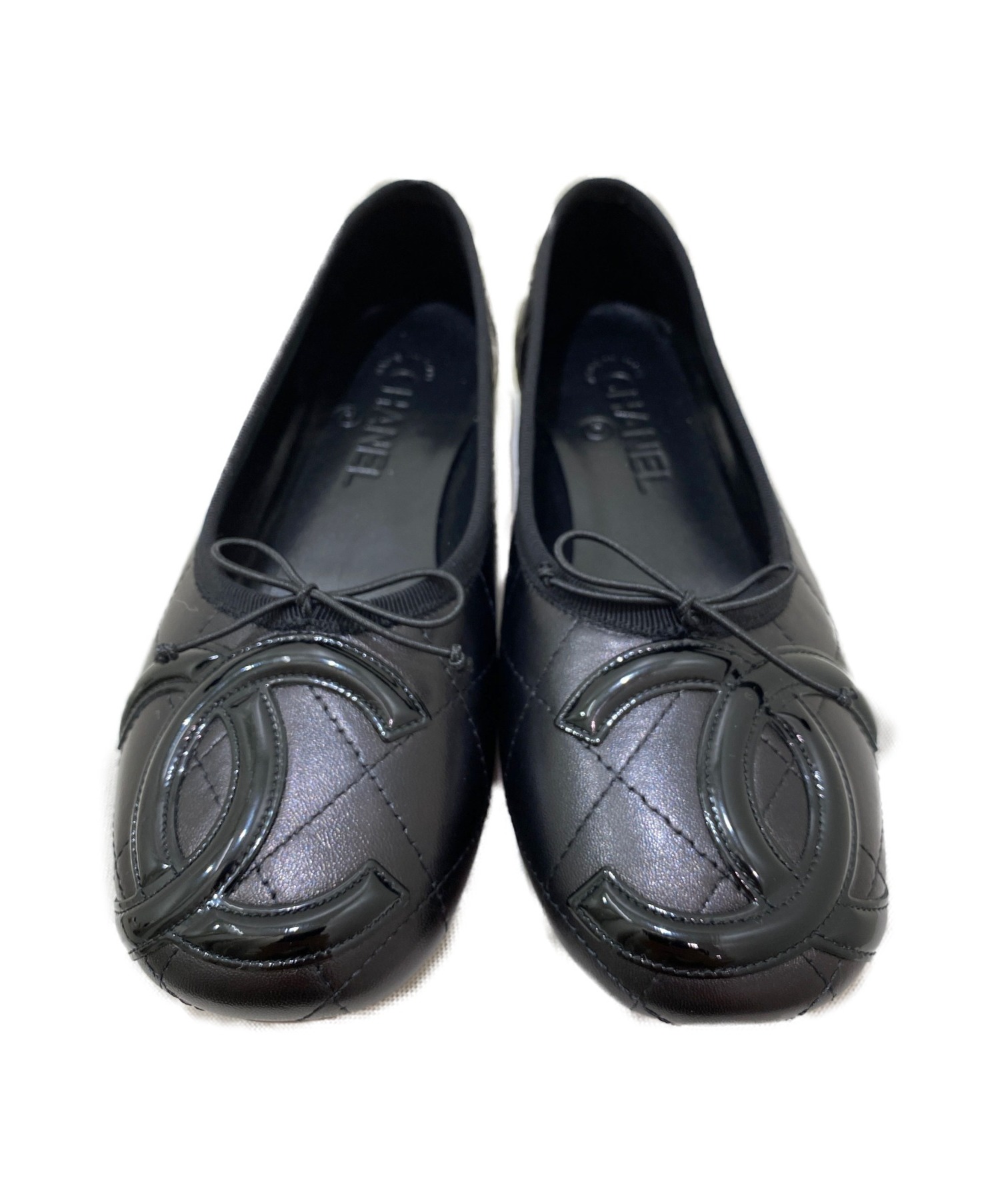 売り切りCHANEL ブラック バレエシューズ　カンボン　ブラック×ブラック 4632 シャネル カンボンライン レザー ココマーク バレエ