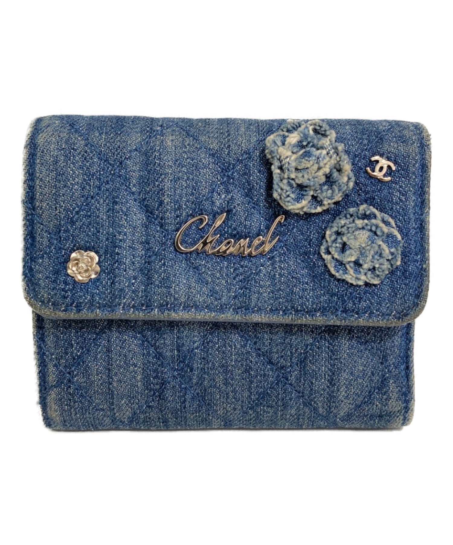 CHANEL(シャネル) 3つ折り財布 カメリア ライトブルー ゴールド