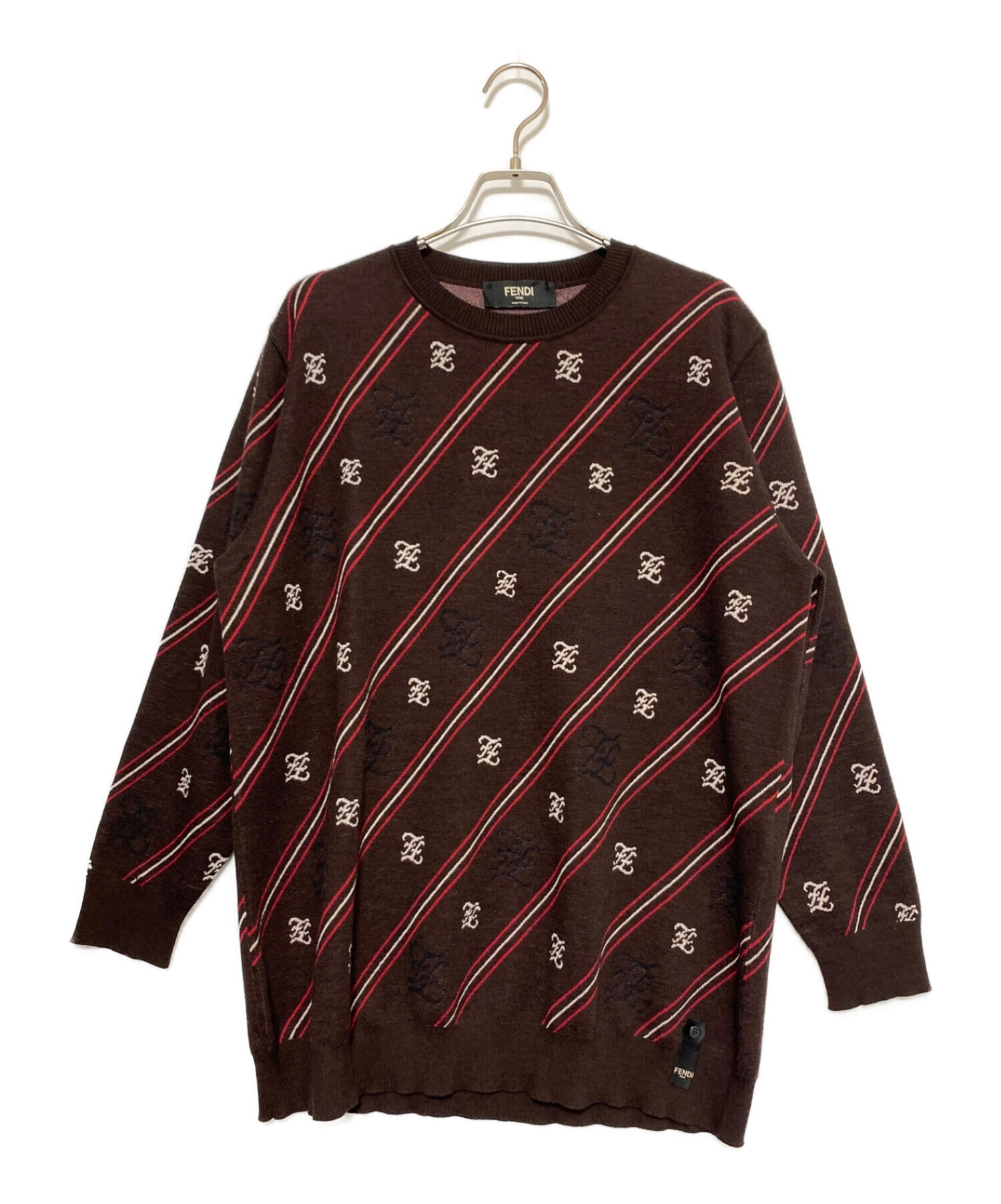 中古・古着通販】FENDI (フェンディ) ストライプロゴ柄ニット ブラウン 