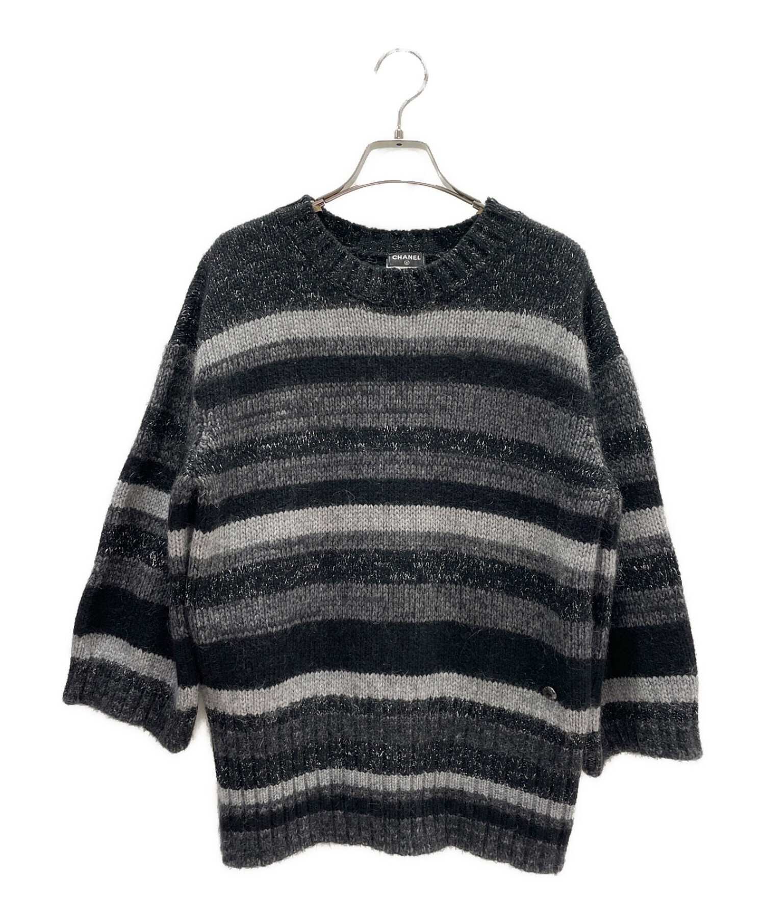 シャネル 08P スポーツ カシミヤ ボーダー襟 ニット ベスト トップス P32601 グレー 42【中古】 CHANEL（シャネル） 08P スポーツ カシミヤ ボーダー襟 ニット ベスト