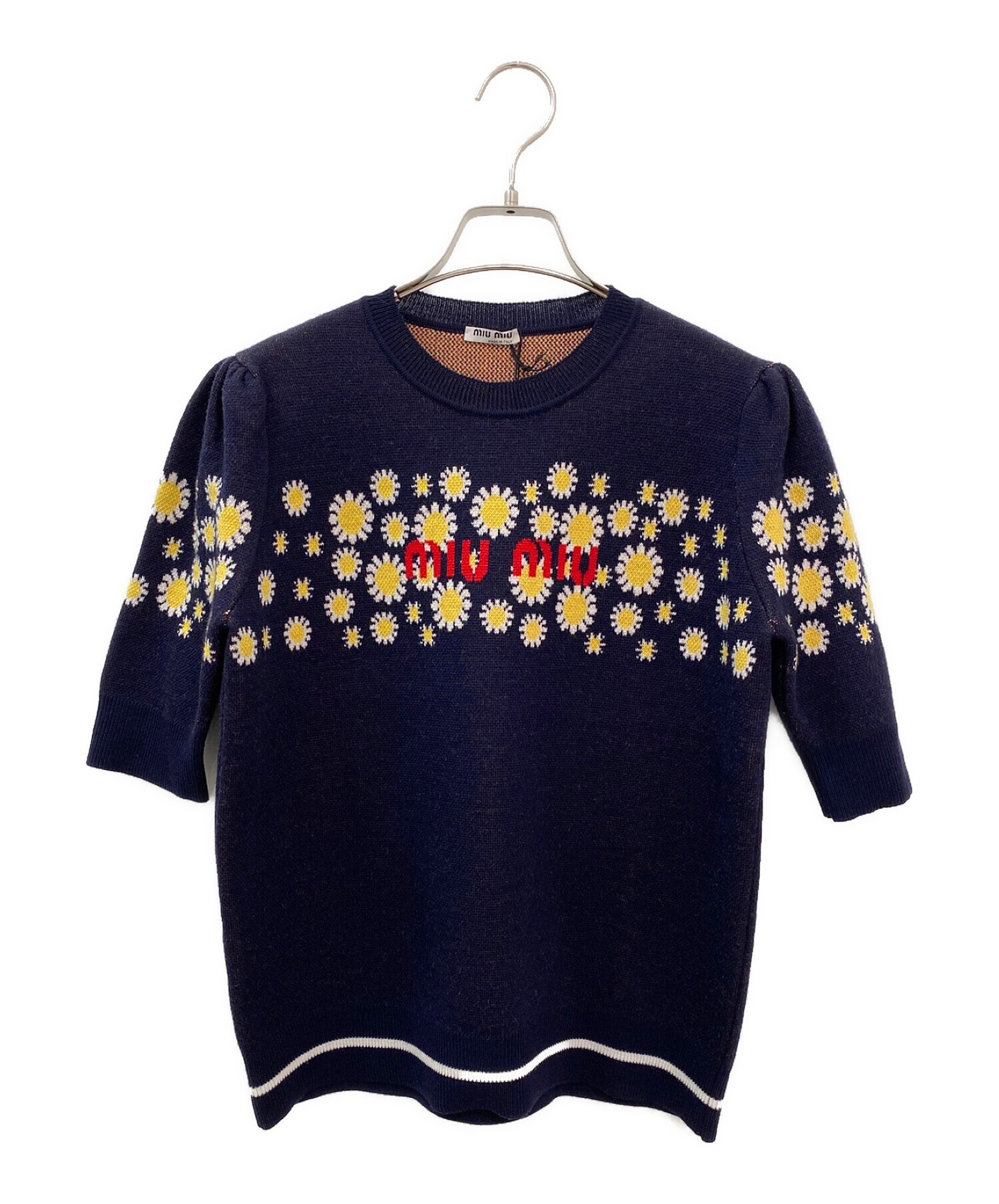 ミュウミュウ 半袖サマーニット 中古・古着通販】MIU MIU (ミュウミュウ) フラワー半袖ニット ネイビー