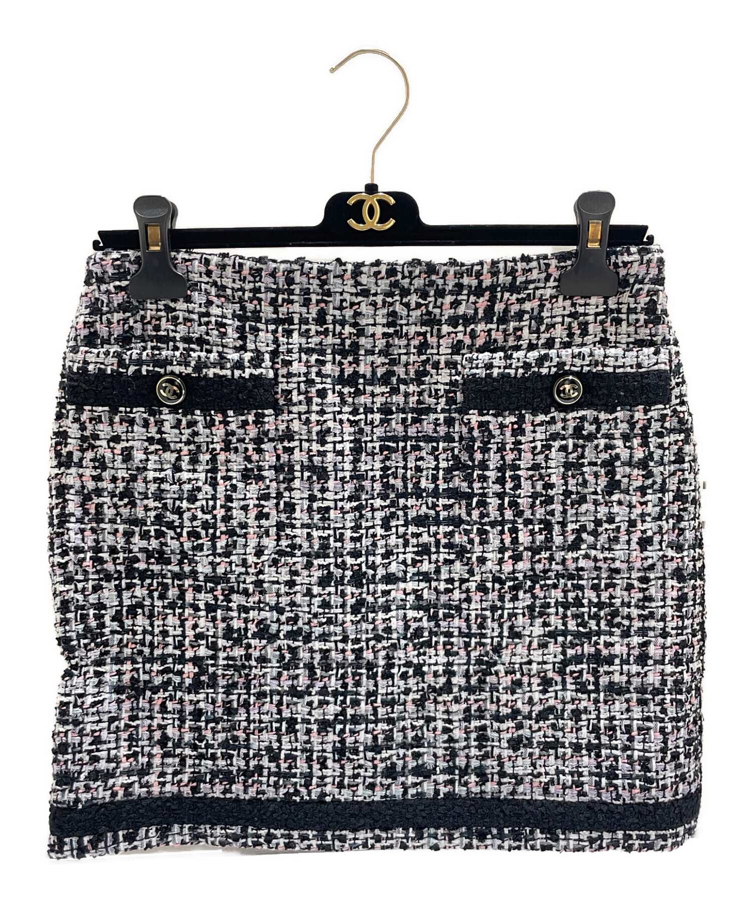 中古・古着通販】CHANEL (シャネル) ツイードスカート ブラック×ピンク
