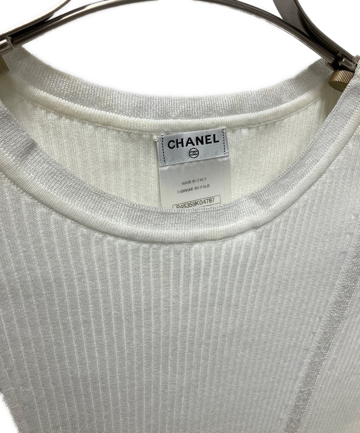 中古・古着通販】CHANEL (シャネル) リブノースリーブニット ホワイト 